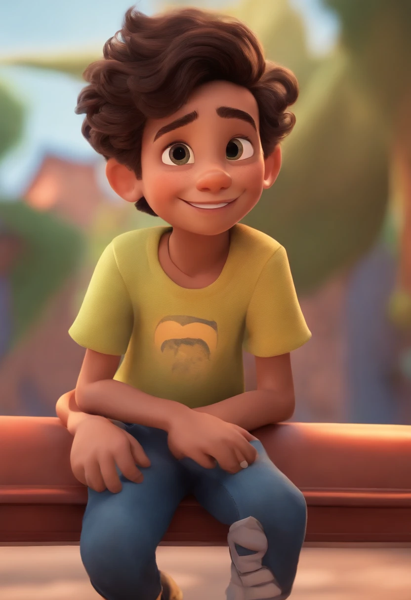 Image of a boy for a story in a YouTube video in Pixar format, He's the  allabester, He's the class leader, He's outgoing, Playful and gets up for a lot of things, cabelo curto