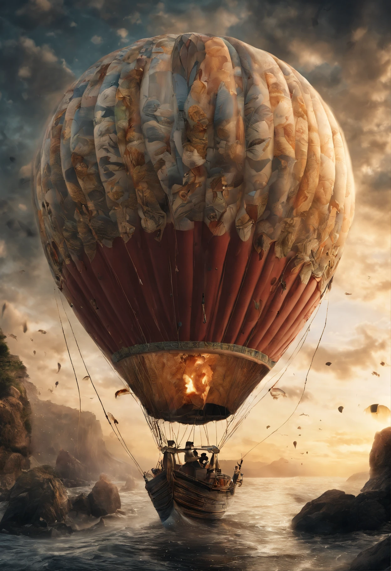 3D rendering of (The hot air balloon caught fire，Fly over the sea), The bride and groom kiss on a hot air balloon, azure sea, White waves crash against the rocks, Reflection of a hot air balloon, beautiful sky,close up photograph,Photography,Clear facial features,concept art of character,A beautiful painting by Stephen Shore,Ukiyo-e art,Pixar style,Furuhiko artwork,Masterpiece,Encaustic painting,Egg garnish,Matte painting,Modern art,spray ,bentwood,Beadwork,Etched tiles,Feather work,land art,Smoke art,carved wood,decorations,Beads and rope,Image courtesy of Ingmar Bergman（Ingmar Bergman）of works,Image from the work of Darren Aronofsky,Antoni Gaudí（Antoni Gaudí）,author：Rem Koolhaas,Oscar Niemeyer（Oscar Niemeyer）,author：Renzo Piano placeholder image,author：Alessio Albi, author：David Berdan,author：Chris Burcard,author：Ray Collins,Dreamy atmosphere,An atmosphere of happiness,Romantic atmosphere,Depth of field (degrees of freedom),boobs shot(mcu),Bottom view,Beautiful lighting, --Original style --Glass