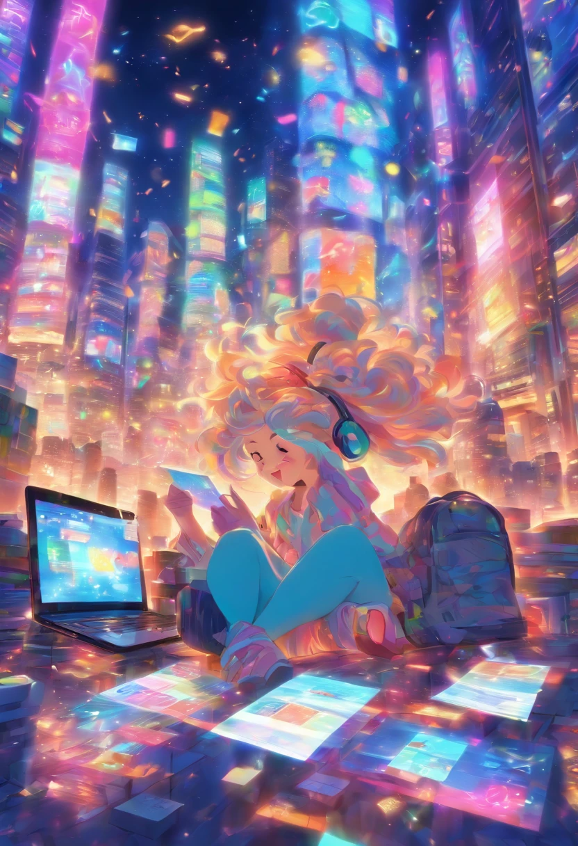 Very colorful and cheerful image of young girl reading emails and messages from her laptop