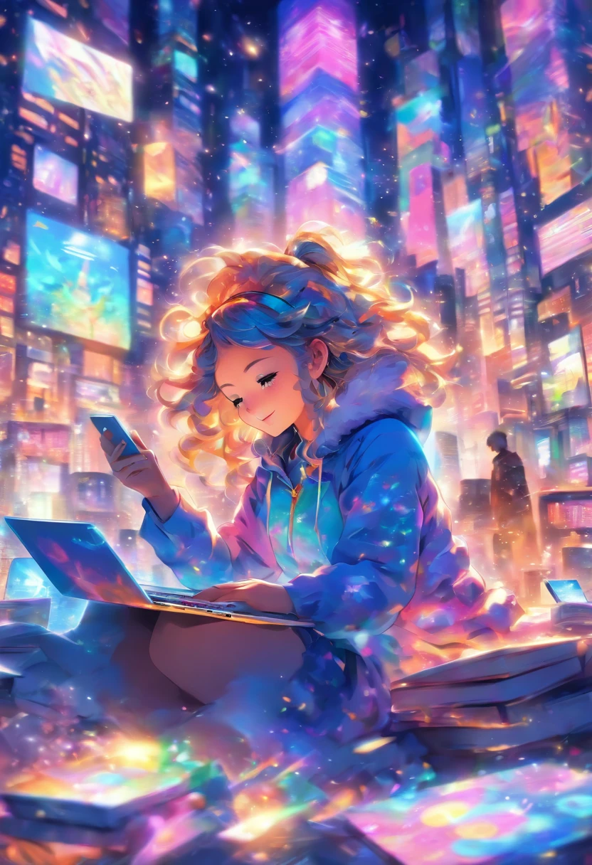 Very colorful and cheerful image of young girl reading emails and messages from her laptop