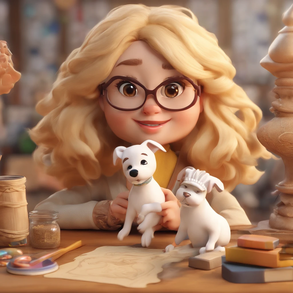 Blonde art teacher brown eyes small mouth wears big beige glasses has a white dog and champagne likes mystical things like gnomes, witches, stones, she's pretty esoteric