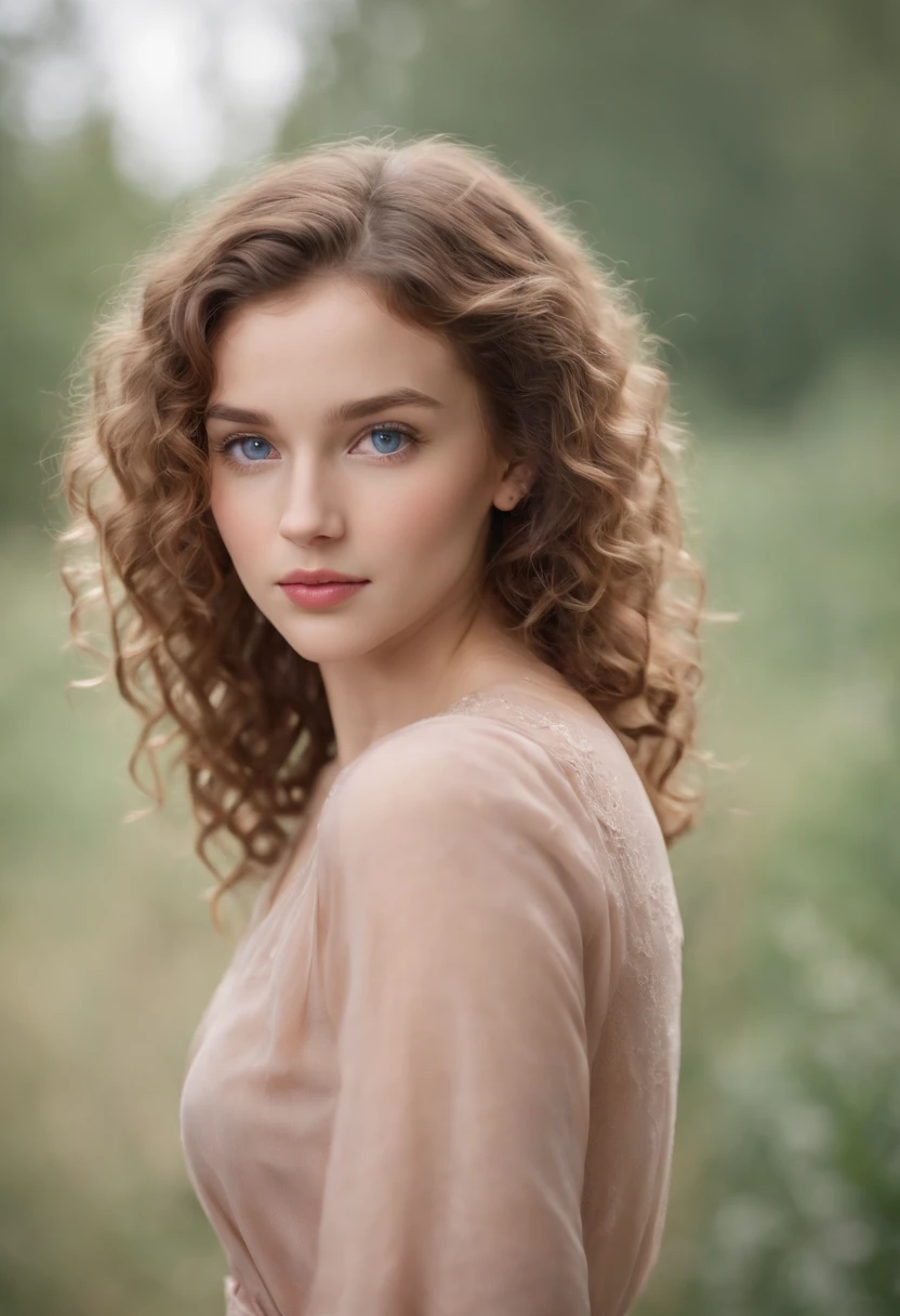 "Full body portrait of a charming girl with curly hair, petite figure, beautiful face, captivating blue eyes, and modest bust size, showcasing her natural beauty."