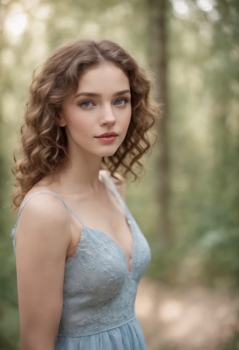 "Full body portrait of a charming 18 year old women with curly light hair, petite figure, beautiful face, captivating blue eyes, and modest bust size, showcasing her natural beauty."