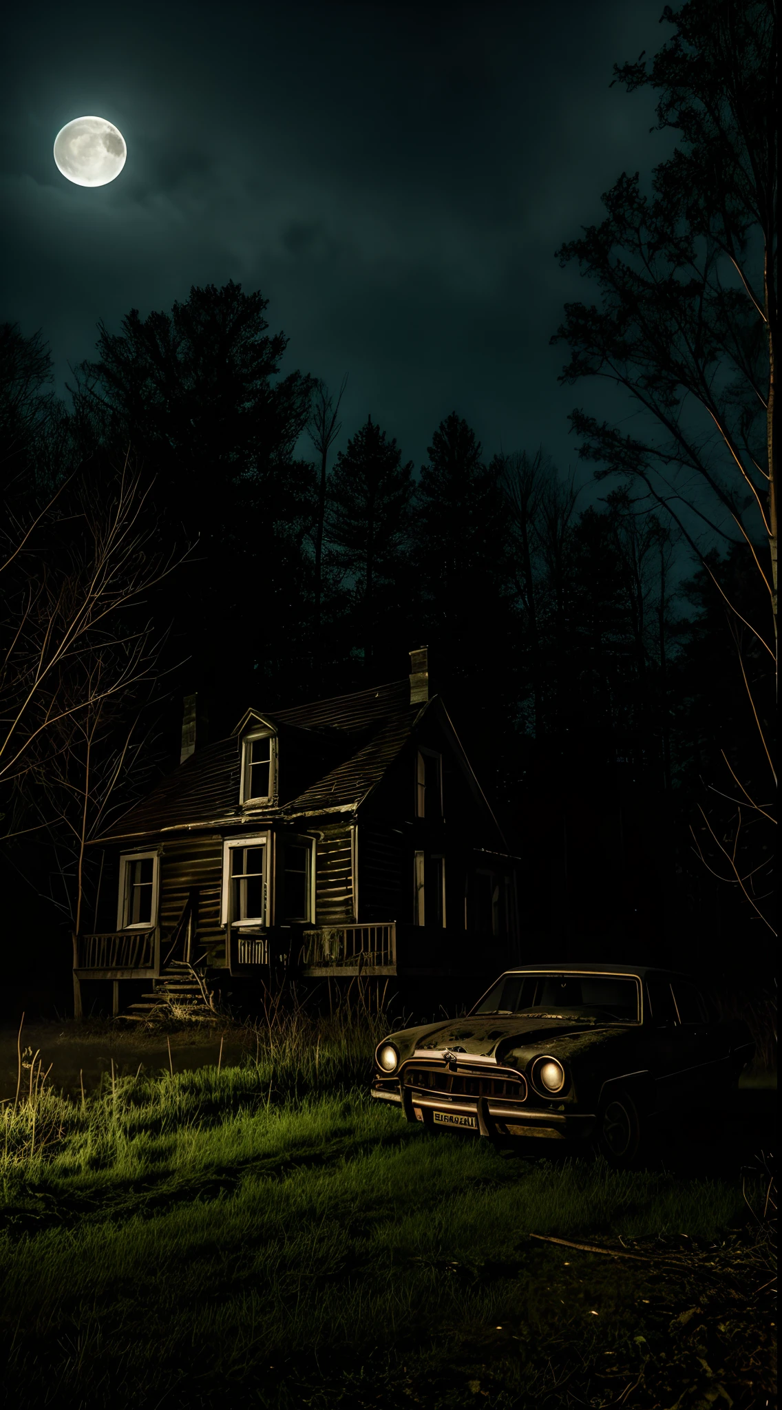 High-definition, eerie photograph, dark woods during moonrise, dense trees, wide angle shoot, 14mm, 24mm, moonlit scene, ominous atmosphere, horror movie setting, abandoned cottage house, vintage, broken and abandoned old red car near the cottage house 80's style, chilling, suspenseful, mysterious shadows, haunting, eerie glow, atmospheric, spooky, intense, chilling, enigmatic, unsettling, marketable, vintage horror, cinematic, retro, dramatic, foreboding, suspense, moon rising, eerie ambiance