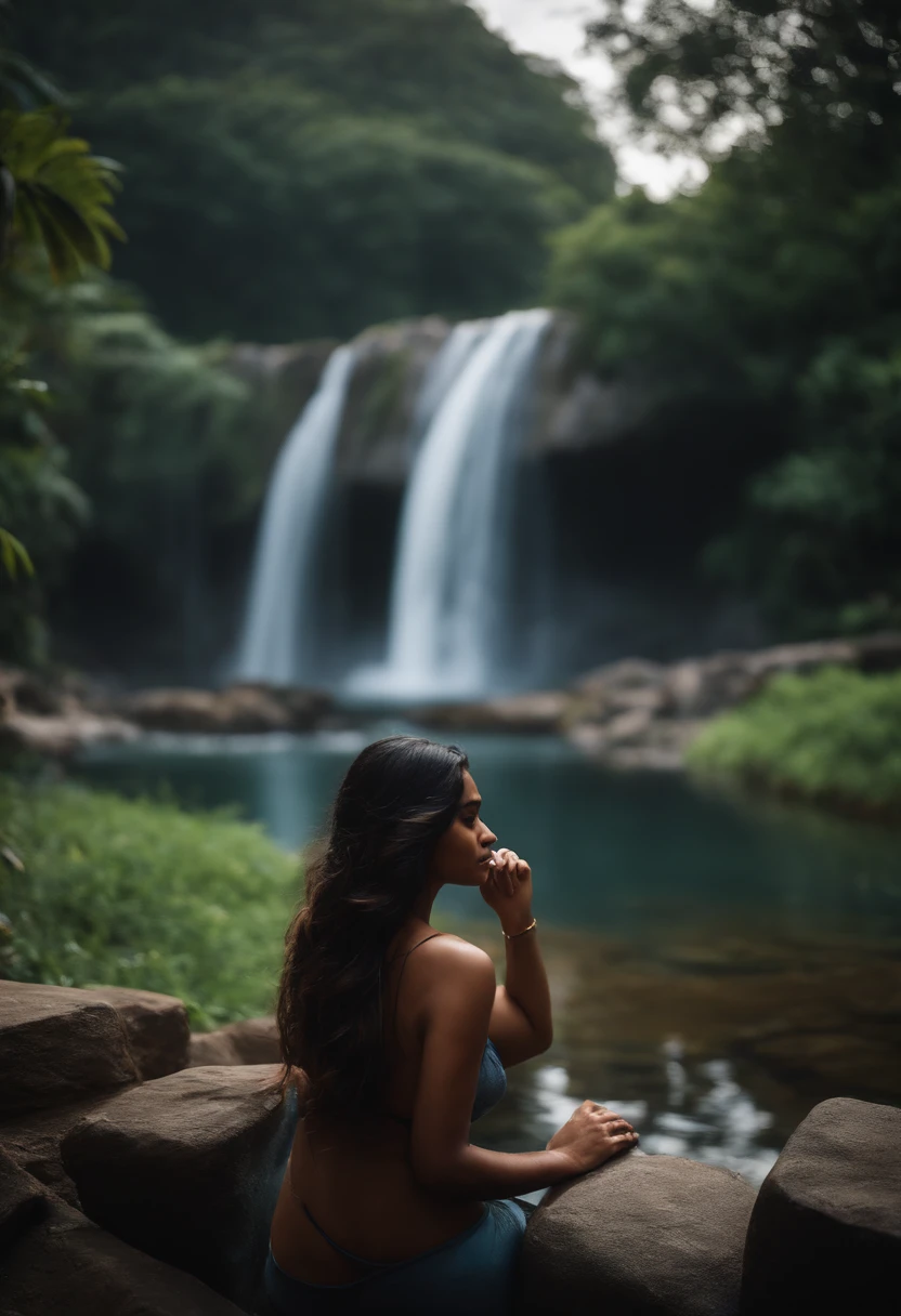 Waterfall nearby, pool beside, An indian girl, 29, pretty with a handsome young man.. traveling mode 8k realistic