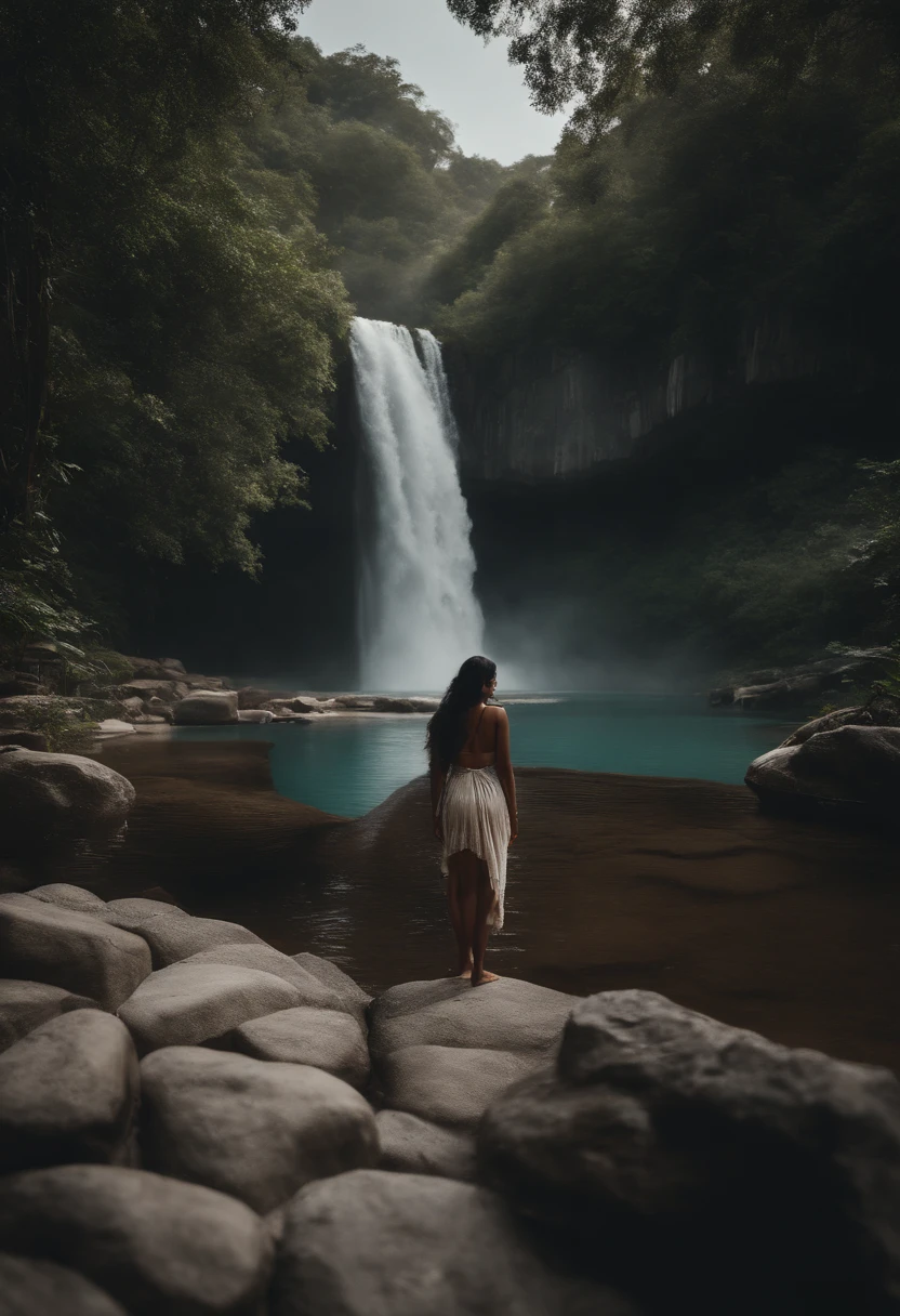 A nude photo of Madeline Ford, knees bent, legs spread, laying on back, view from feet, waterfalls in background