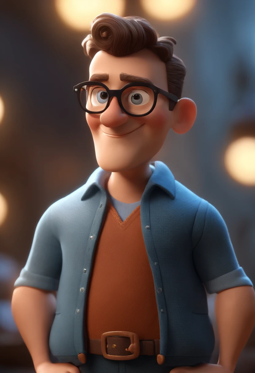 Cartoon character of a man with black glasses and a blue shirt, animation character, Caractere estilizado, animation style rendering, 3D estilizado, Arnold Maya render, 3 d render stylized, toon render keyshot, Personagem 3D, Personagem 3D, 3d rendering stylized, 3 d character render, personagem de desenho animado, Personagem de close up, Pose de personagem, (Estilo Pixar) (master part:1.2) (Bokeh) (best quality) (pele detalhada) (textura detalhada) (8k) (argila) (Cinematic lighting) (foco nítido