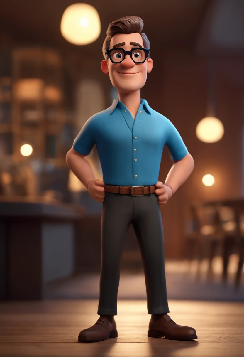 Cartoon character of a man with black glasses and a blue shirt, animation character, Caractere estilizado, animation style rendering, 3D estilizado, Arnold Maya render, 3 d render stylized, toon render keyshot, Personagem 3D, Personagem 3D, 3d rendering stylized, 3 d character render, personagem de desenho animado, Personagem de close up, Pose de personagem, (Estilo Pixar) (master part:1.2) (Bokeh) (best quality) (pele detalhada) (textura detalhada) (8k) (argila) (Cinematic lighting) (foco nítido
