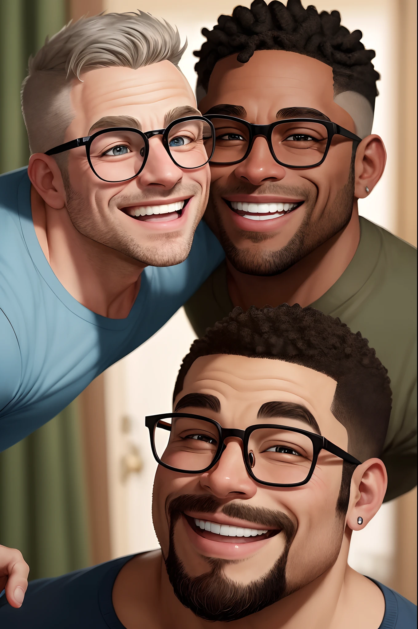An adorable illustration, Highlight for a chubby mulatto man with smiling glasses beautiful expressive eyes - the man's skin is mulatto and the man's hair is graying military style has. They are a bright room, com um sorriso no rosto, e compartilhar um momento especial caracterizado pelo amor, Insights. Illustrate this scene from a perspective where they are facing the camera, Smiling and Showing Your Connection. Desenvolva esta arte em Full HD, Focus on your cinematic touch, Estilo Disney Pixar Animations