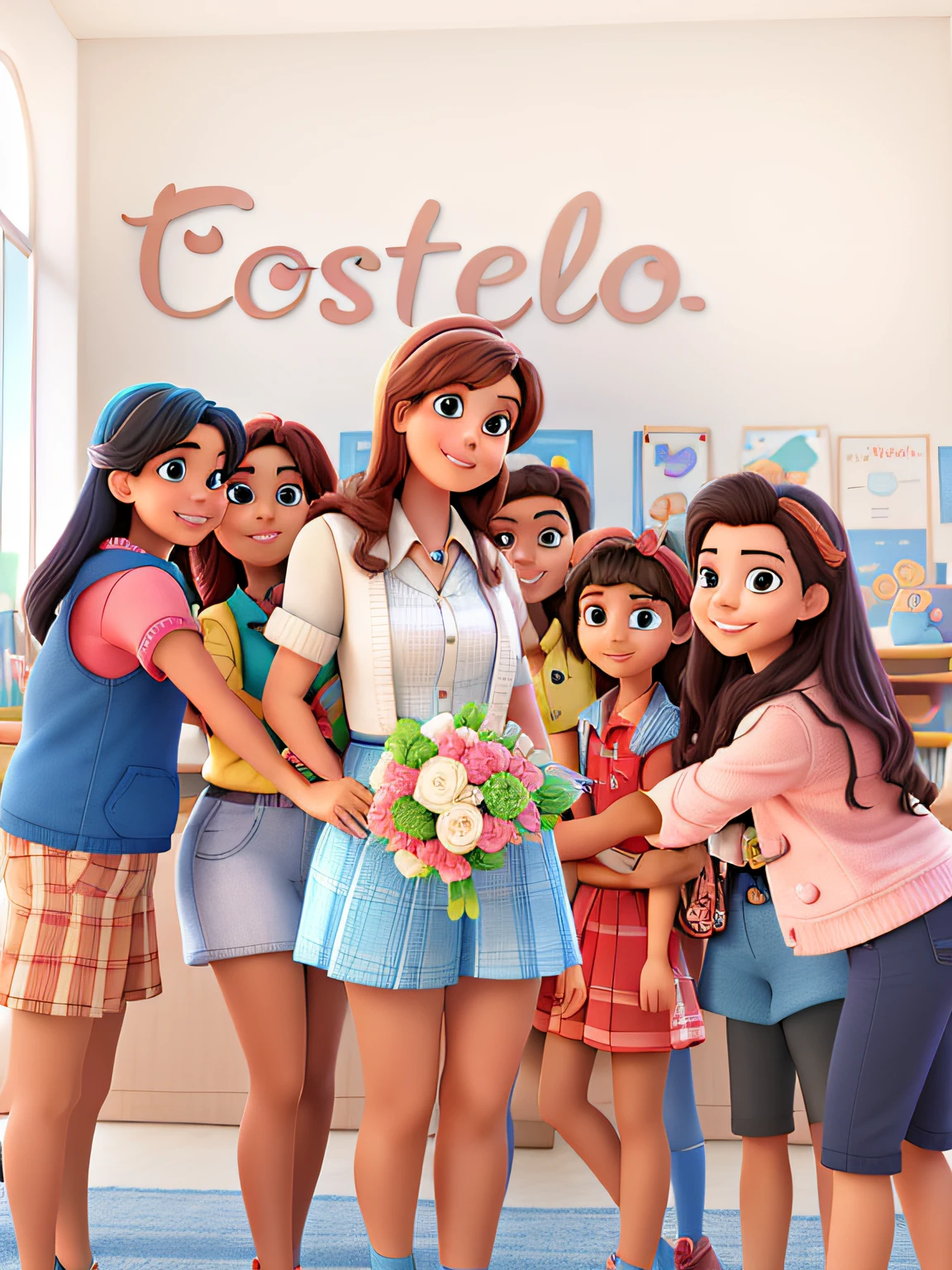 Image estilo disney pixarKids with teacher.