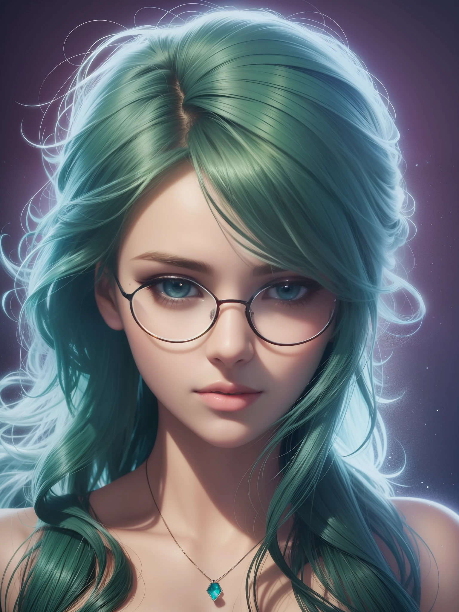 Realistic, full-body portrait of a young woman, 20 years old. perfect body, realistic perfect body composition, model , plain background scene. realistic beautiful light brown eyes,brown hair with two strands of green hair to thw front of the face, cold face, fair skin, good looking, tattoo art, elegant dress outfit, glasses (eyes in the center of glasses), dreamy light warm, volumetric light, adventure style pulp, dynamic gradients, vivid colors, illustrations, highly detailed vector curves, simple, smooth and clean, vector art, smooth , character design, cinema, surrealism, posters, masterpiece collection, lush vivid colors, sunsets, wet gouache. High image quality, meticulous detail, perfect realistic work