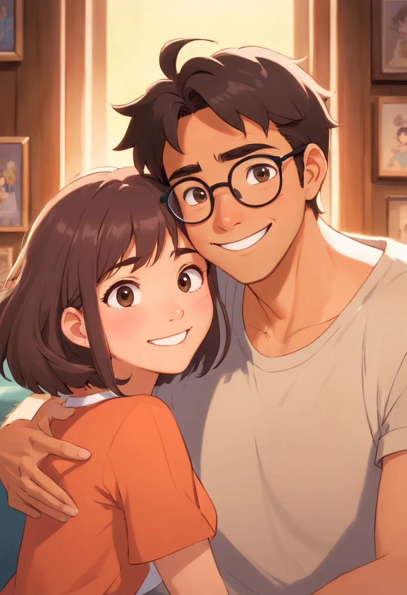 An illustration of an adorable couple, Highlight for a chubby mulatto man with glasses smiling and a brunette woman with beautiful expressive eyes - the man's skin is mulatto and the man's hair haswhile the woman's skin is black and the woman's hair is straight and brown. They are a bright room, cada um com um sorriso no rosto, e compartilhar um momento especial caracterizado pelo amor, Insights. Illustrate this scene from a perspective where they are facing the camera, Smiling and Showing Your Connection. Desenvolva esta arte em Full HD, Focus on your cinematic touch, Estilo Disney Pixar Animations