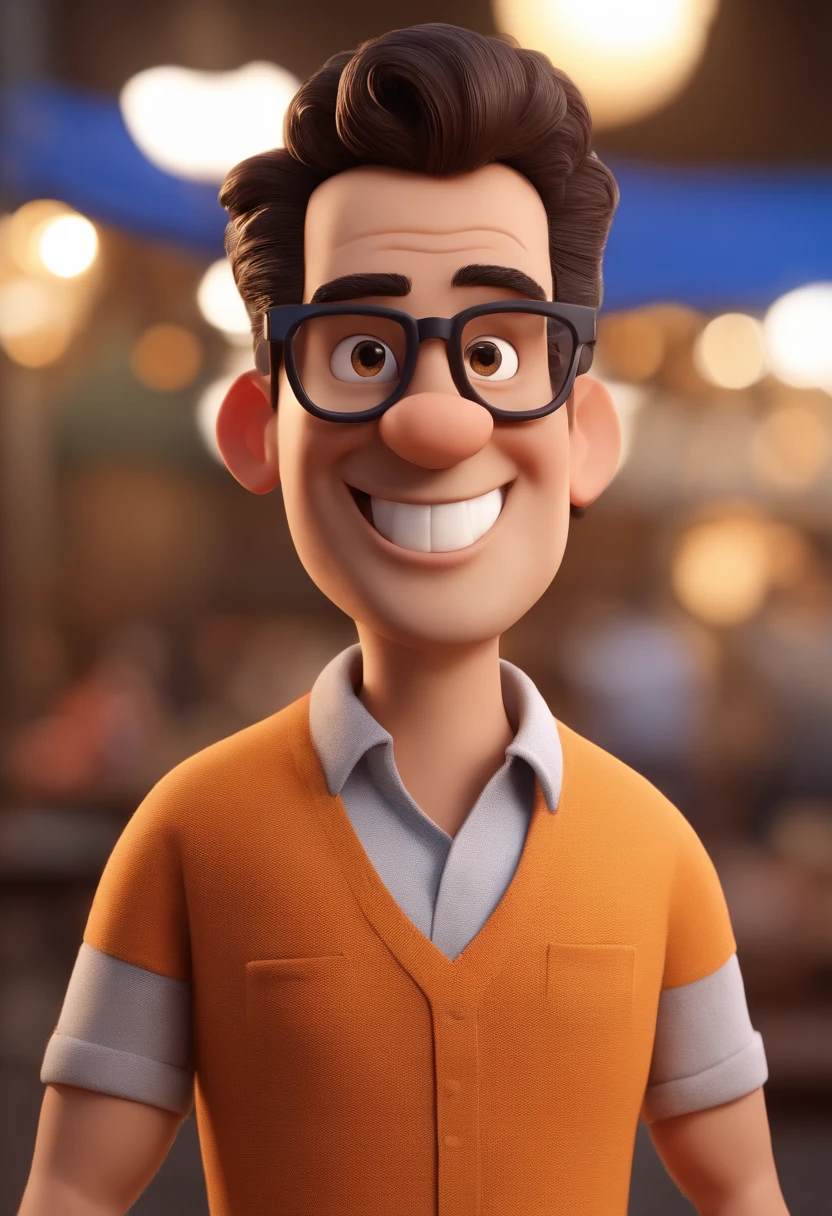 Cartoon character of a man with black glasses and a blue shirt, animation character, Caractere estilizado, animation style rendering, 3D estilizado, Arnold Maya render, 3 d render stylized, toon render keyshot, Personagem 3D, Personagem 3D, 3d rendering stylized, 3 d character render, personagem de desenho animado, Personagem de close up, Pose de personagem, (Estilo Pixar) (master part:1.2) (Bokeh) (best quality) (pele detalhada) (textura detalhada) (8k) (argila) (Cinematic lighting) (Homem de foco afiado, 45 anos, de pele escura, cabelos grisalhos, lado raspado, barba grisalha, forte