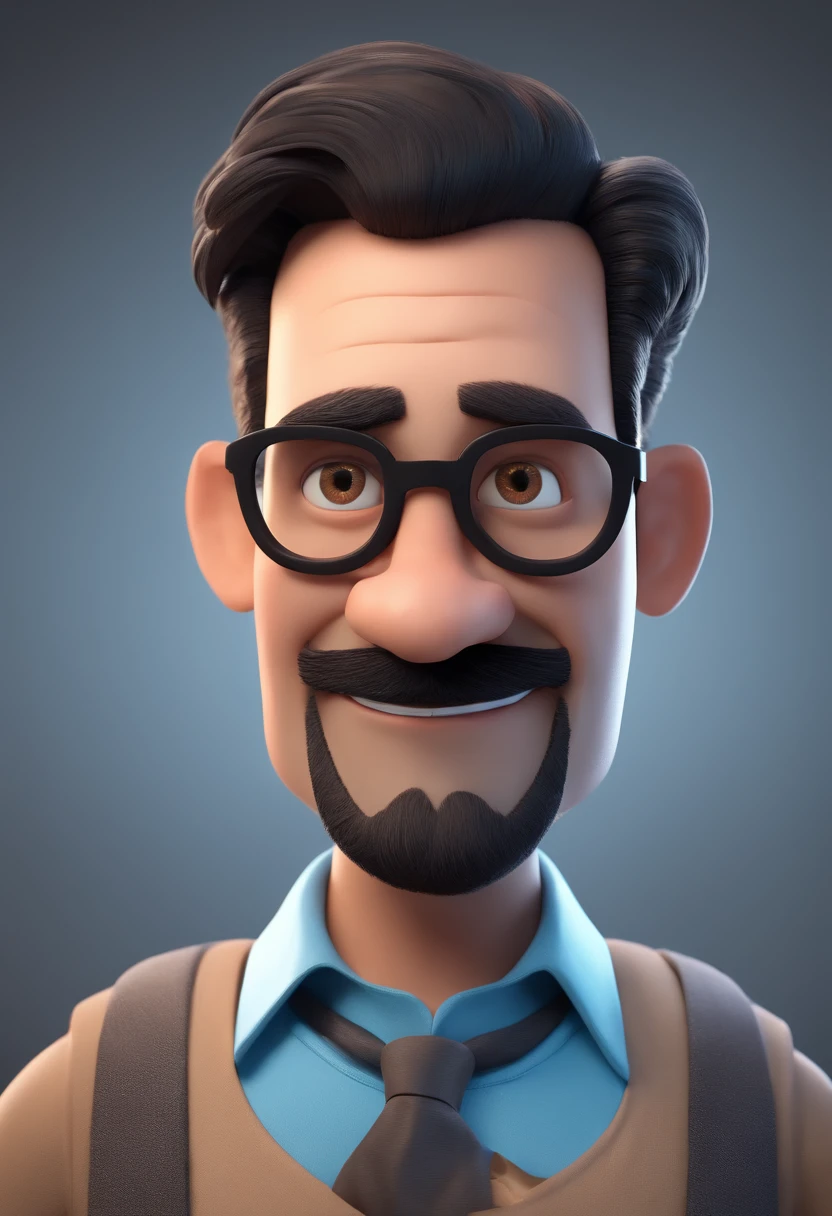 Cartoon character of a man with black glasses and a blue shirt, animation character, Caractere estilizado, animation style rendering, 3D estilizado, Arnold Maya render, 3 d render stylized, toon render keyshot, Personagem 3D, Personagem 3D, 3d rendering stylized, 3 d character render, personagem de desenho animado, Personagem de close up, Pose de personagem,  (Estilo Pixar) (master part:1.2) (Bokeh) (best quality) (pele detalhada) (textura detalhada) (8k) (argila) (Cinematic lighting) (Homem de foco afiado, 45 anos, de pele escura, cabelos grisalhos, lado raspado, barba grisalha, forte