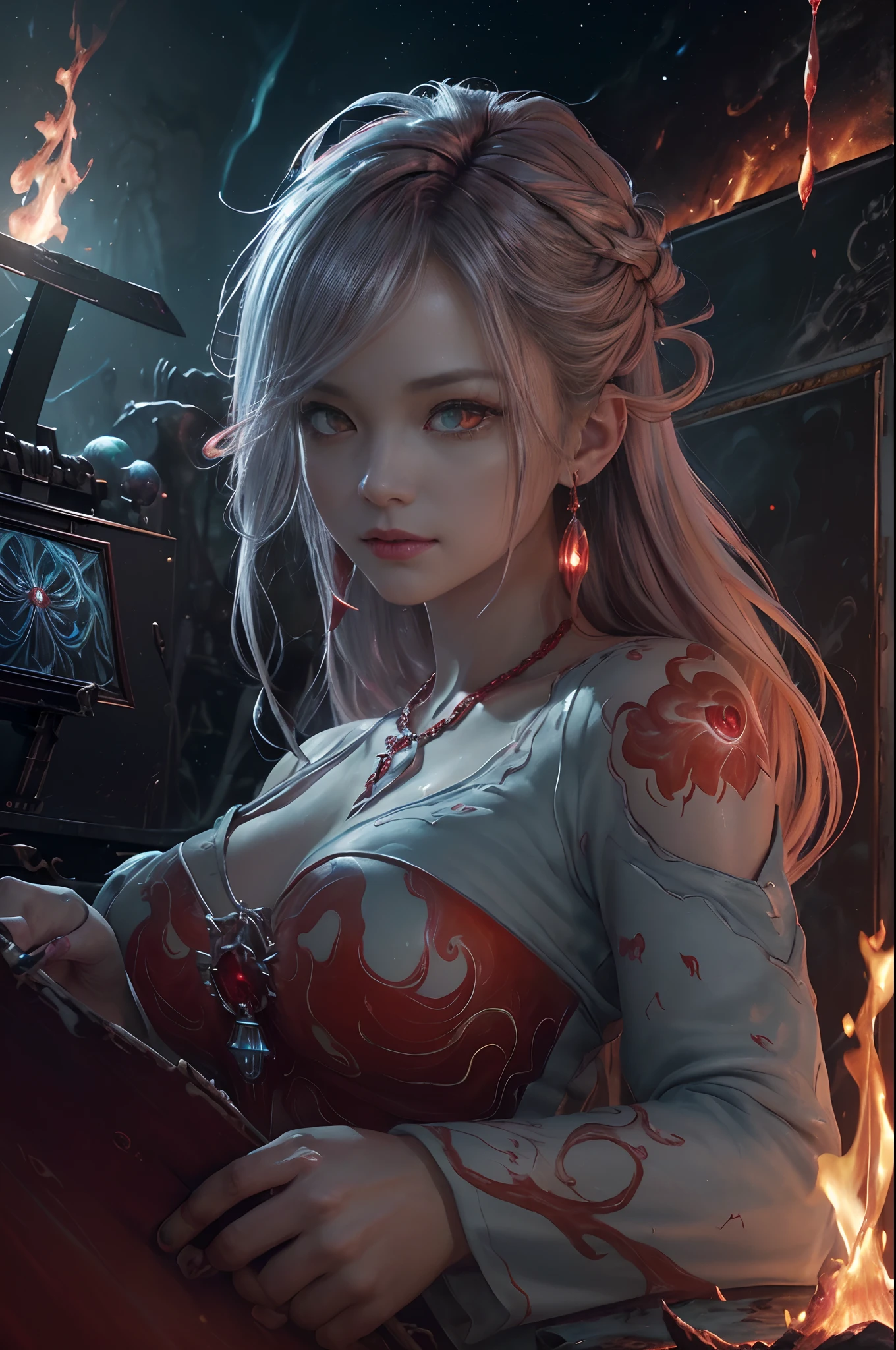 8K、(number々Award-winning masterpieces of、incredible detailing、textured、Maximum detail)、(hyper realisitic:1.4)、(reallistic:1.3)、(full body portrait painting:1.8)、(Upper Body Up:0.4)、(Top quality realistic textured skin)、(Elaborate perfectly symmetrical eyes)、Elaborate face、((medieval world))、((The Flame Devil of the Lord))、((The Fire Devil of the Lord's Hell))、(burning brightly、 Icy gaze)、(Full body like:1.6)、 (smiling mischievously)、(Eyes that glow red in the dark:1.5)、(A pair of red eyes emitting a strong red light from the inside:1.5)、(Swirling flames and flames in the background)、(dramatic light)、(A majestic sight)、(The expression is gentle and beautiful、Somewhere horrible)、Glass earrings in the ears、 (dramatic photography:1.4)、(dramatic pose)、(Golden hair)、(Silver)hair)、(maroon hair)、(Upturned hair)、((Downward-pointing hair)、(A simple necklace with exquisite workmanship around the neck)、(Bioluminescence with a brilliant glow:1.3)、(Fancy Flame Magic:1.2)、(Swirling flames)、 The Great Temple of the Devil、 Great Temple、 Great Temple、great cathedral、Temple ruins、Detached temple、(Luminous Magic Circle)、Ruins of the old castle、Shining majestic cloud masses and sky、lightning、Epic graphics、Faded、art by、(by Greg Rutkowski:0.8)、(teal and orange:0.4)、(art stations:1.5)、cinematic、((Neutral Color))、(HDR:1.5)、(Muted colors:1.2)、The ultra-detailliert、dramatic light、(intricate detailes:1.1)、the complex background、