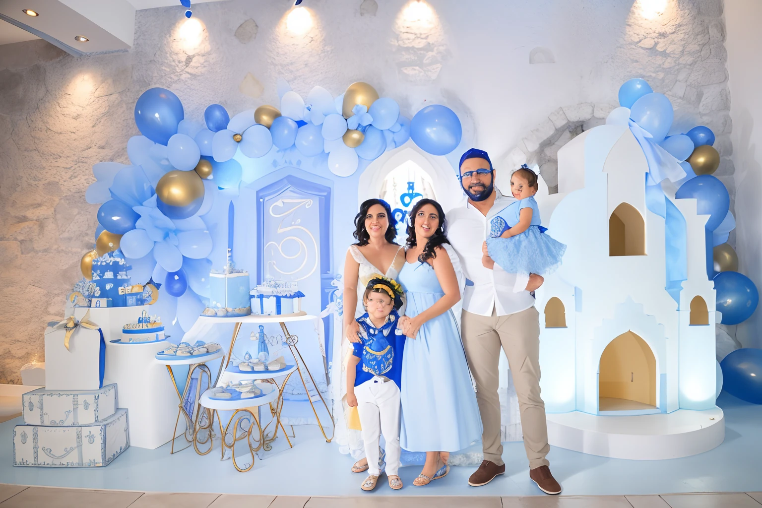 Araffe family posing for a photo in front of a castle backdrop, blue themed, tema azul e cinza, tema cinza e azul, tema azul e detalhes amarelos, Tiro na Canon EOS R5, Tiro na Canon EOS R 5, editing, 1614572159, birthday party, tema azul e amarelo, tema azul