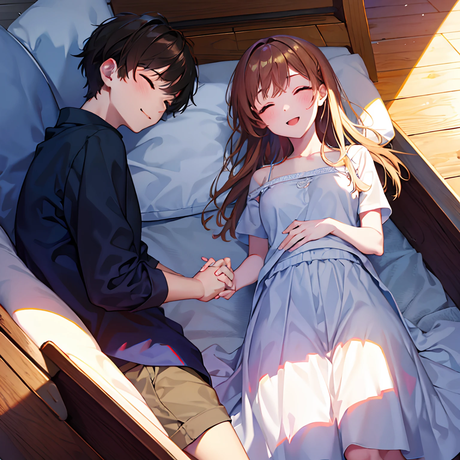 A boy and a girl are lying holding hands, the girl is sleeping, the boy is smiling