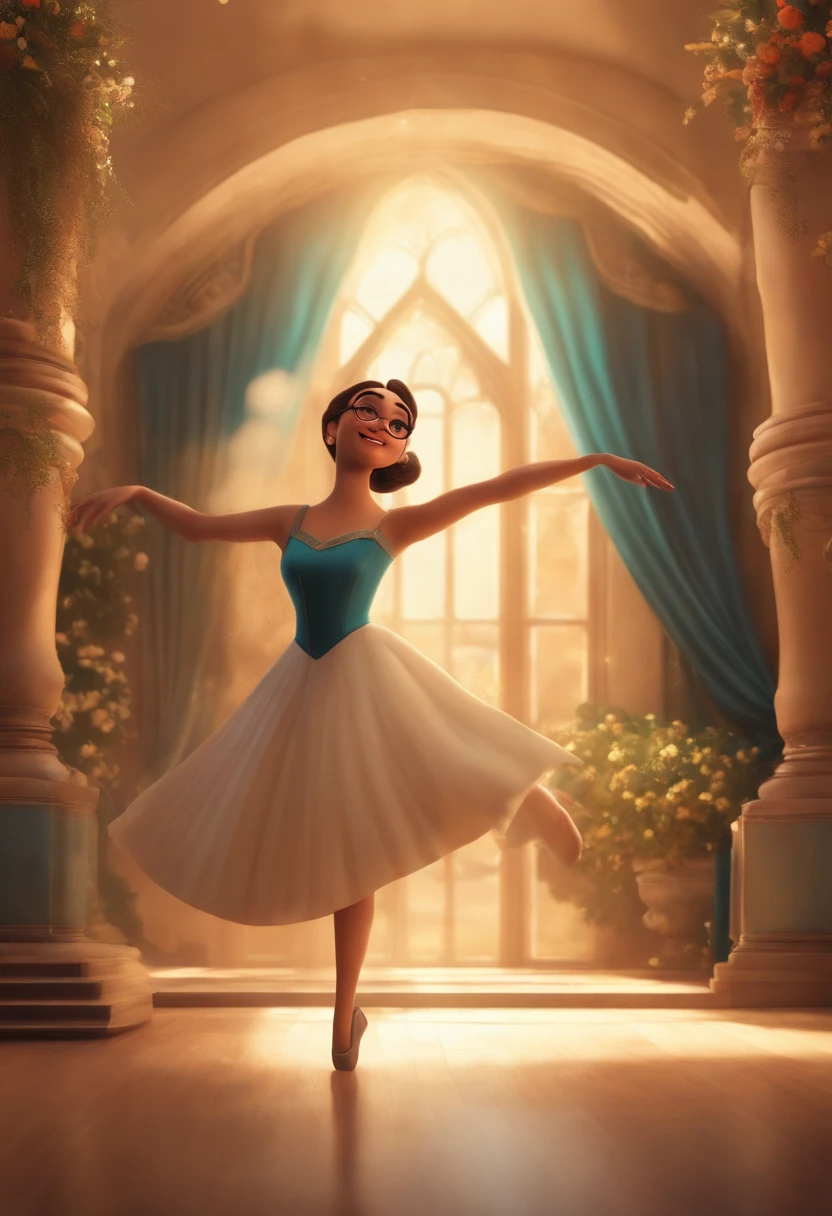 "(best quality,ultra-detalhado,Realistic:1.37),3D rendering,illustration,design de personagens,cabelos curtos e cacheados escuros,belos olhos detalhados,wearing white glasses,Estilo Pixar,morena mulher,Dancing on the Disney stage,atmosfera animada,vivid colors,luzes de palco,expression joyful"