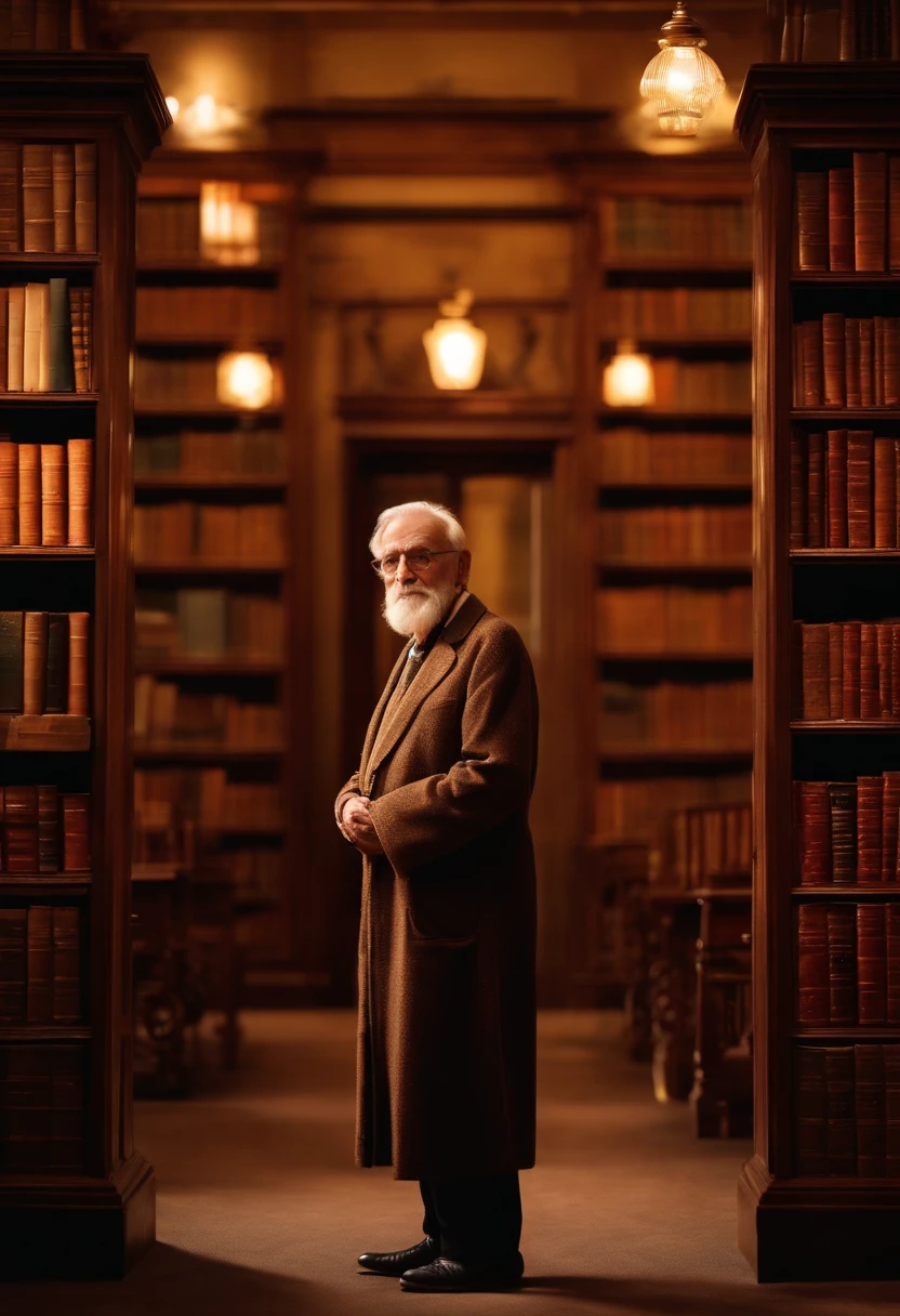 A wise old man standing in front, illuminated by the light of a lamp, against the backdrop of a library