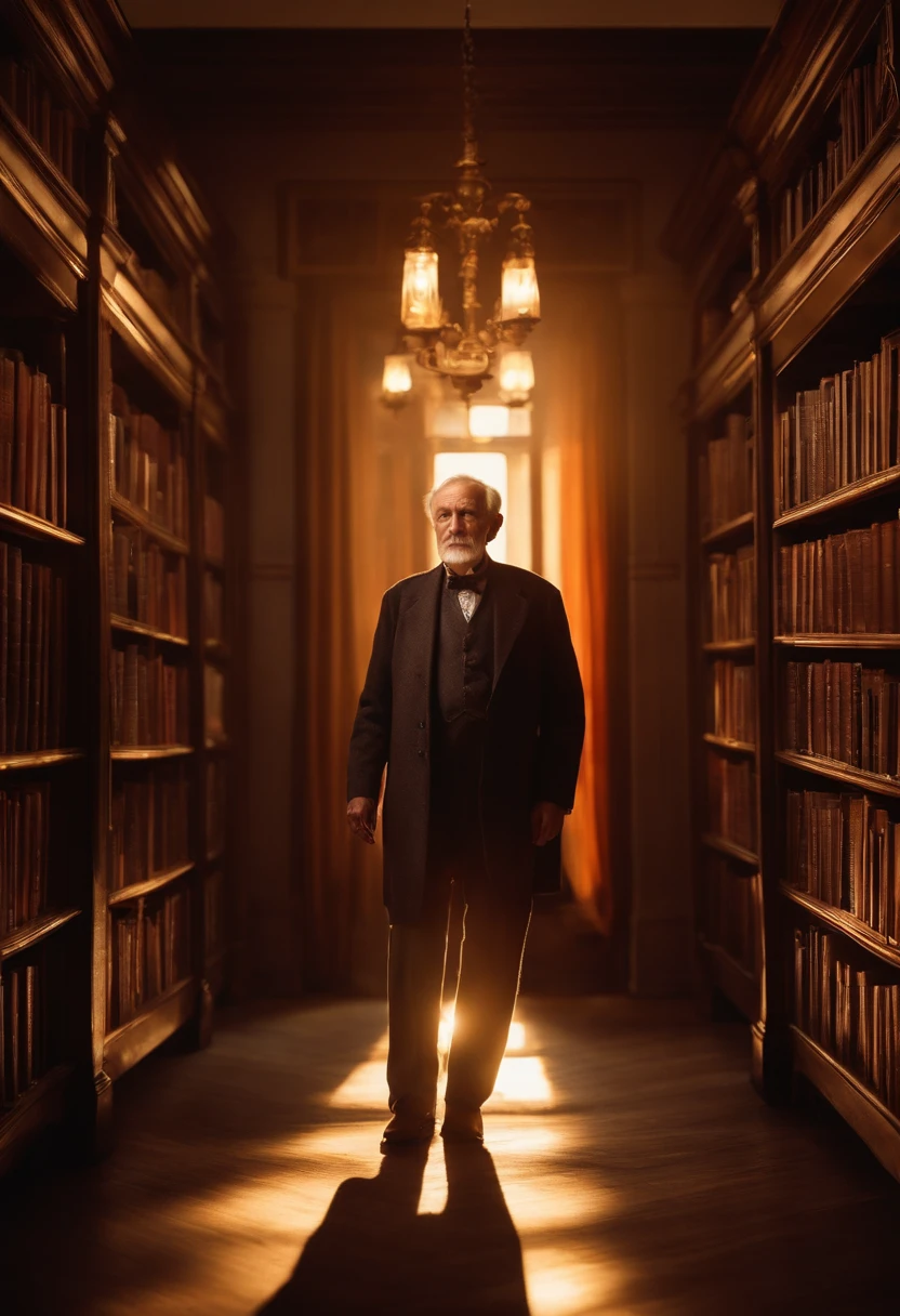 A wise old man standing in front, illuminated by the light of a lamp, against the backdrop of a library