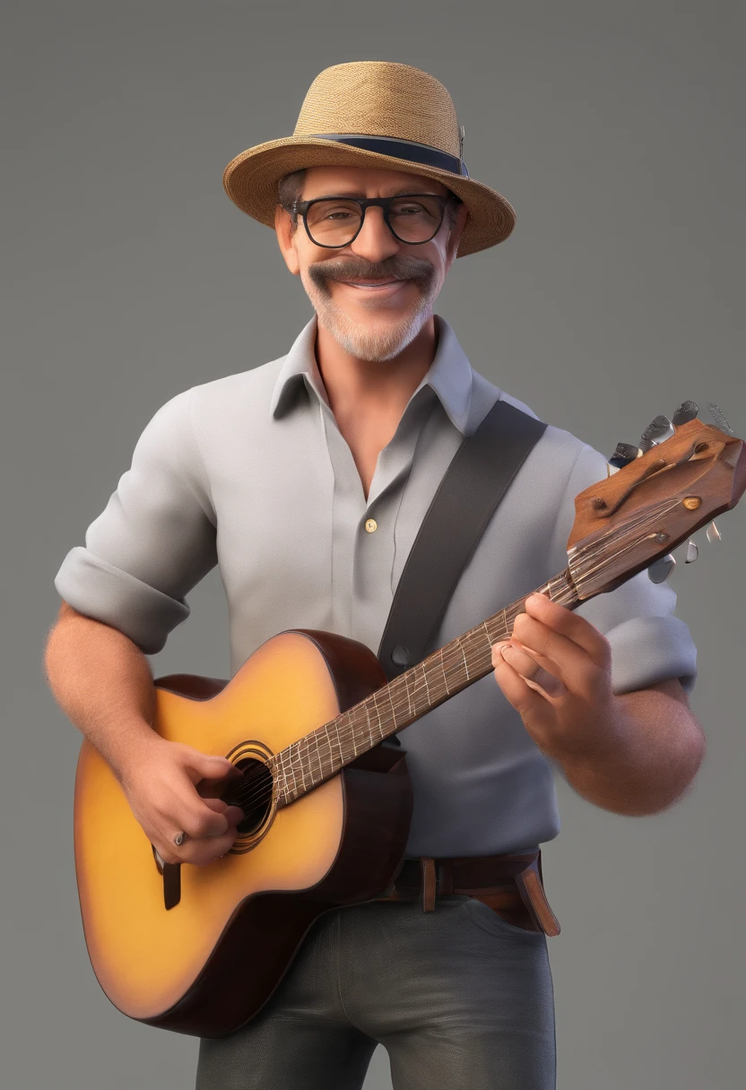 homem de 45 anos, loiro, cabelos curtos , in a hat , Wearing Thin-Framed Glasses, usando uma camisa com manga longa , playing the guitar