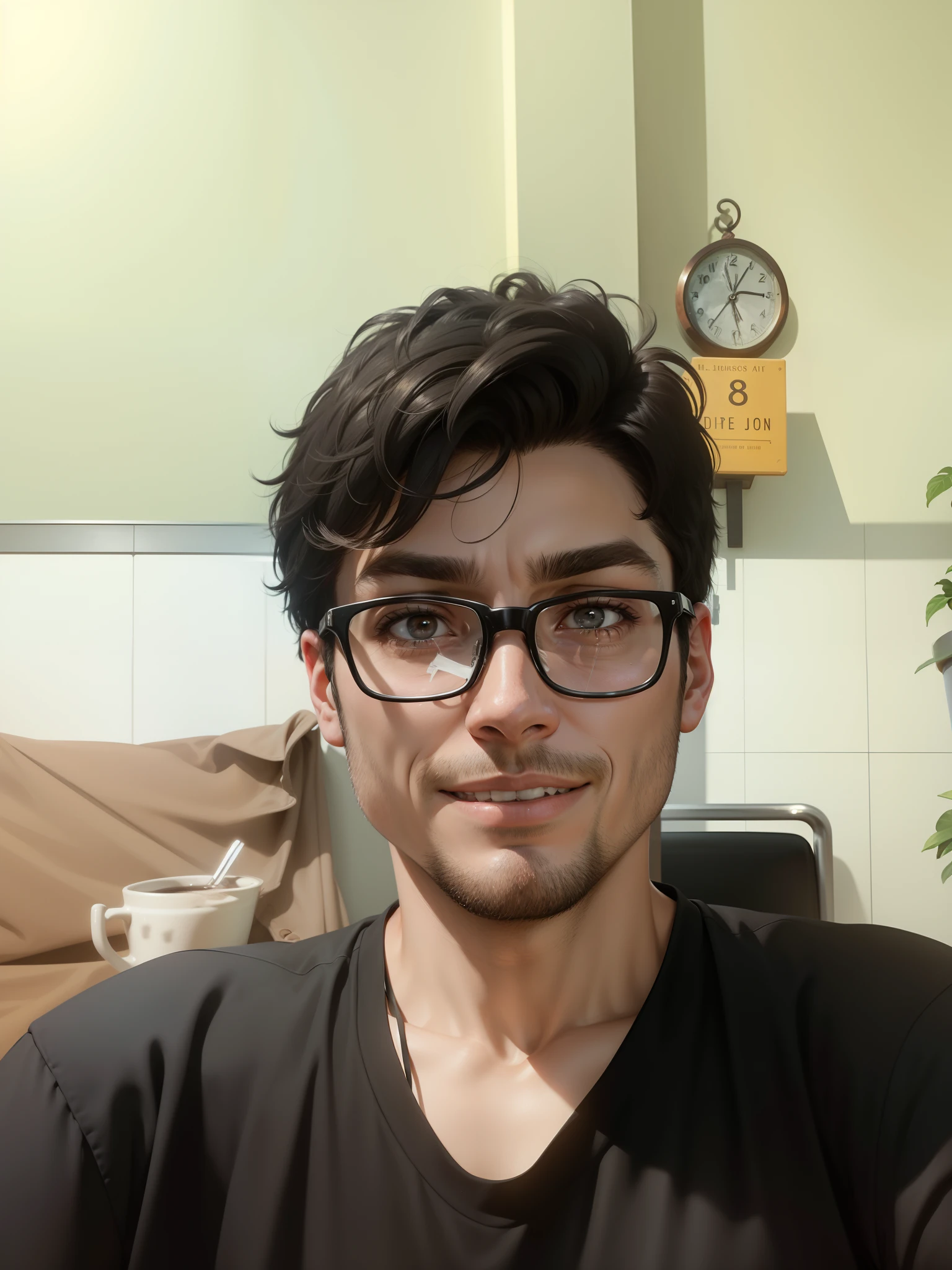 Realistic 8K, Portrait, (masterpiece: 1.4) image of a thin 28-year-old man, with short black hair, wearing a black vest with a white blouse underneath, tense expression, walking in a decrepit hotel lobby. realistic face, smiling, grey back ground,