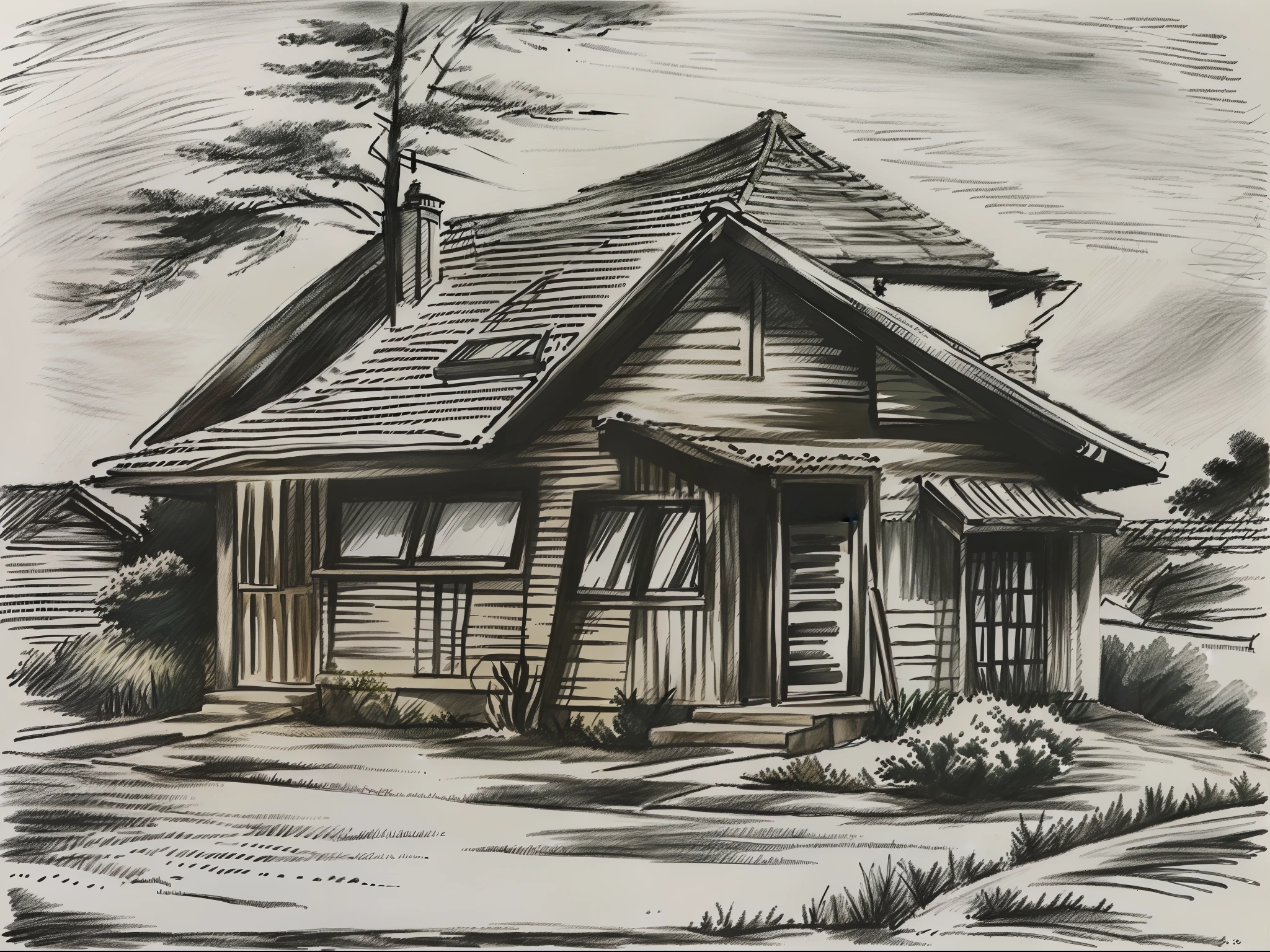 Drawing of a house with a tree and a fence in front, caneta e tinta sobre papel, caneta e tinta, detalhado, but rough, estilo de caneta e tinta, desenhado em caneta de ponta fina, illustration in pen an ink, illustration in pen an ink, caneta & desenho a tinta digital, desenho a caneta e tinta digital, ink and pencil, um desenho a tinta digital, pencil and ink