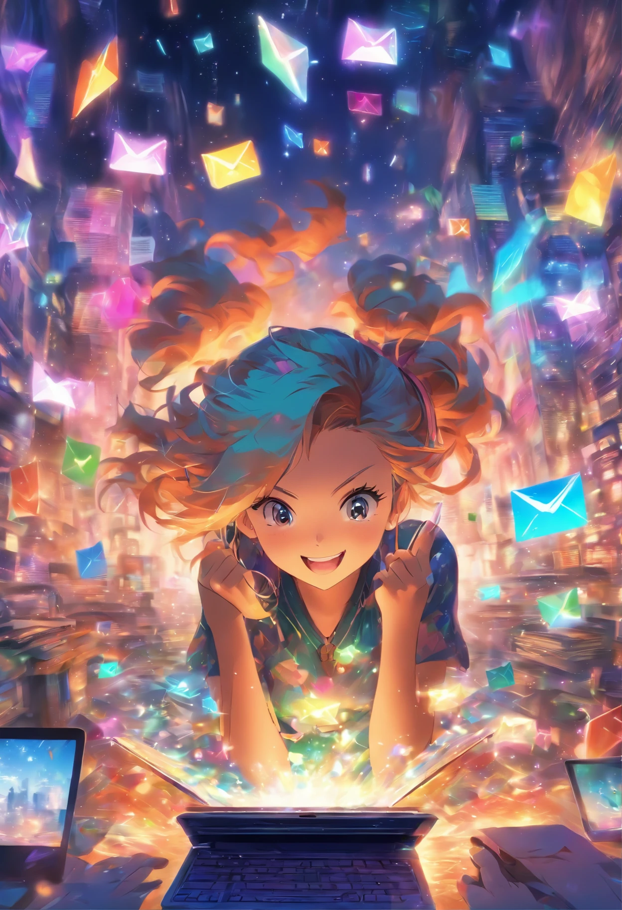 Very colorful and cheerful image of young girl reading emails and messages from her laptop