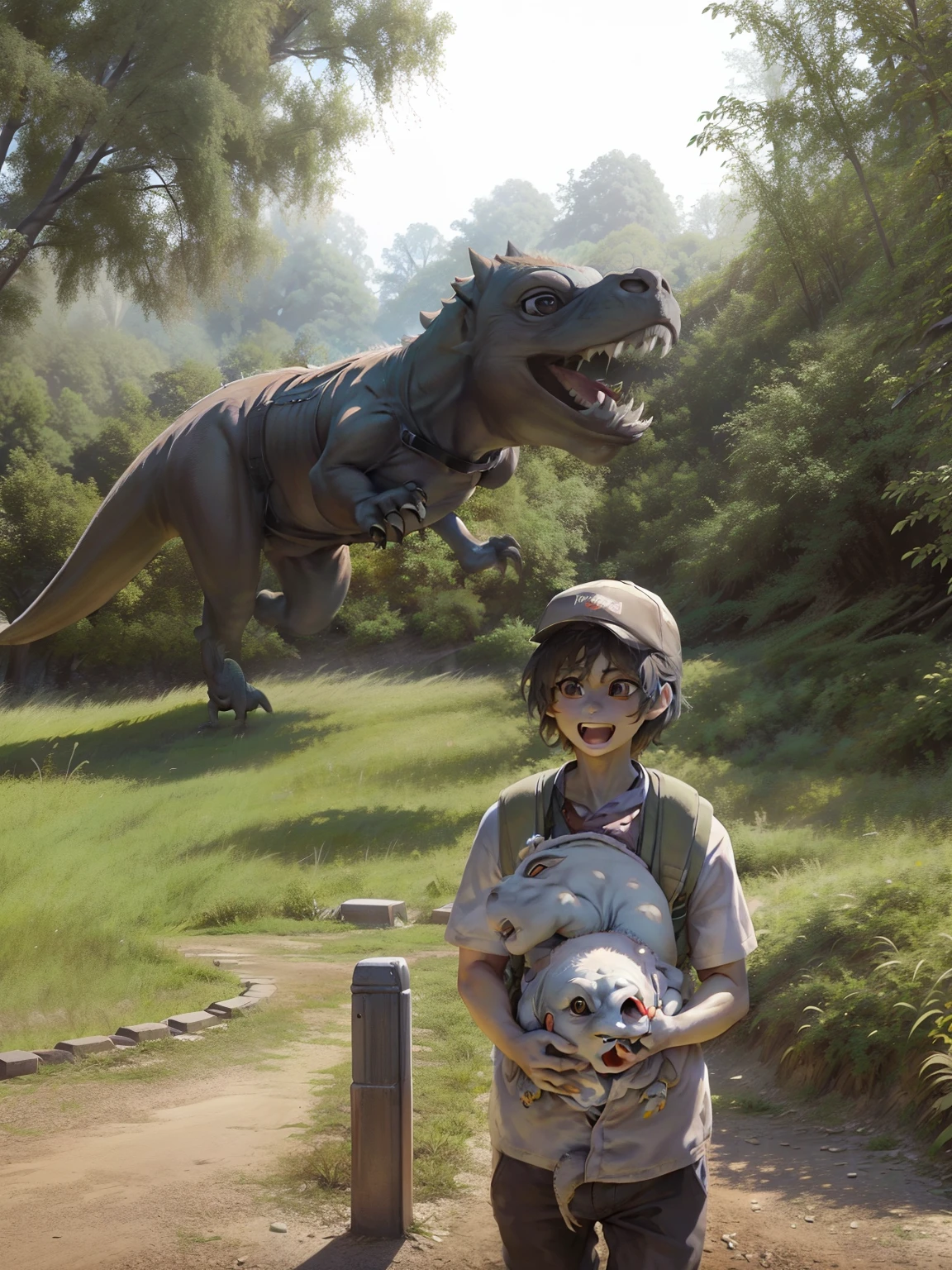 Boy in park chased by T-Rex.