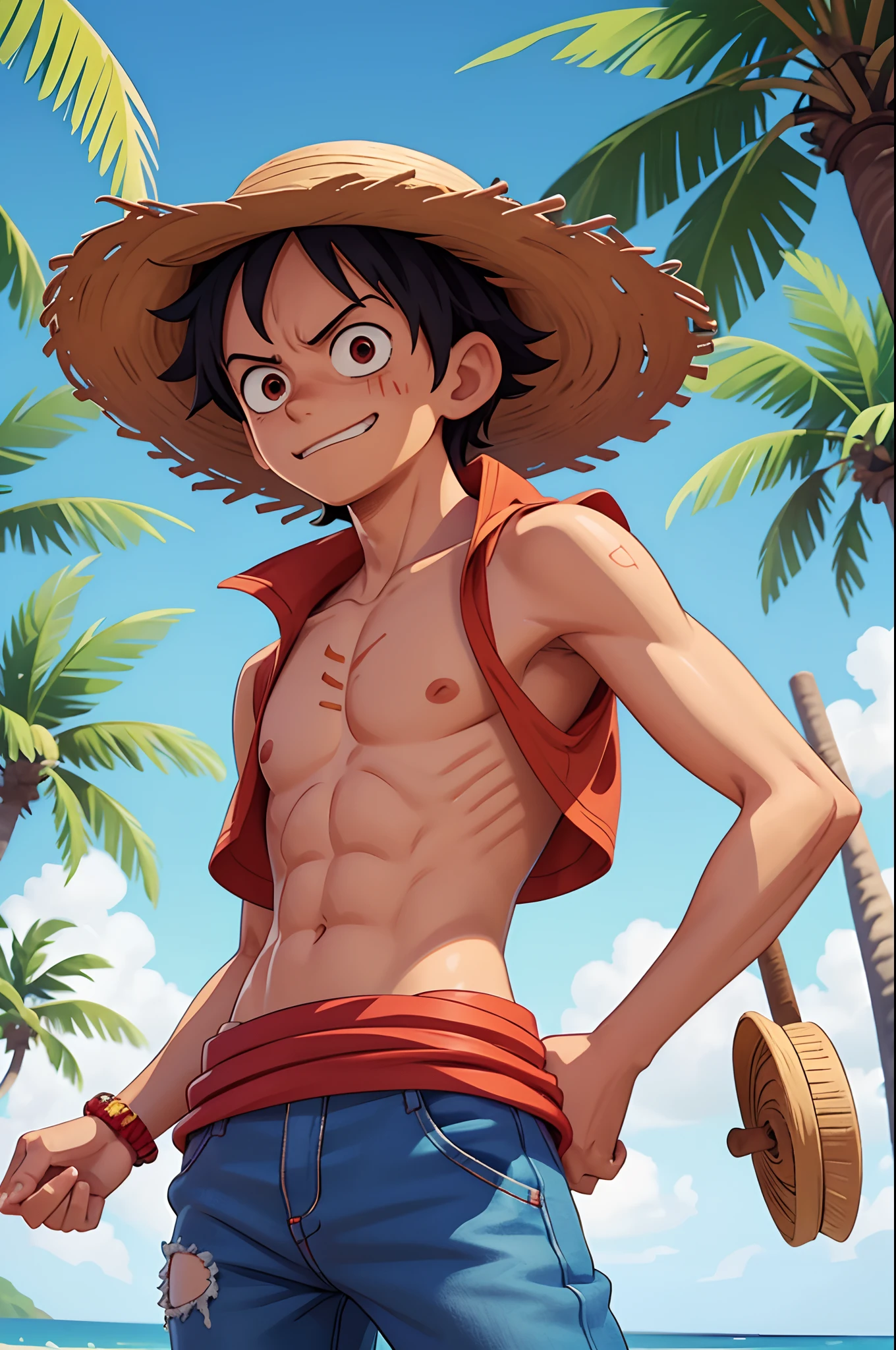 A scene with Monkey Luffy from One Piece, (best quality, ultra-detailed), wearing his straw hat, carrying his signature rubbery arms (rubber arms), with his scar under his eye (detailed scar). The scene is set on a sunny beach (sunny beach background), with clear blue skies (vivid blue sky) and palm trees swaying in the wind. Luffy is standing in a dynamic pose, showing off his confident and determined expression (confident expression, determined look). The sunlight illuminates his face, emphasizing his charismatic features (sunlit face, glowing complexion). The vibrant colors of Luffy's iconic straw hat (vibrant red straw hat) and his clothes (brightly colored outfit) add a lively touch to the overall composition. The attention to detail captures the essence of the One Piece anime style (anime-style artwork).