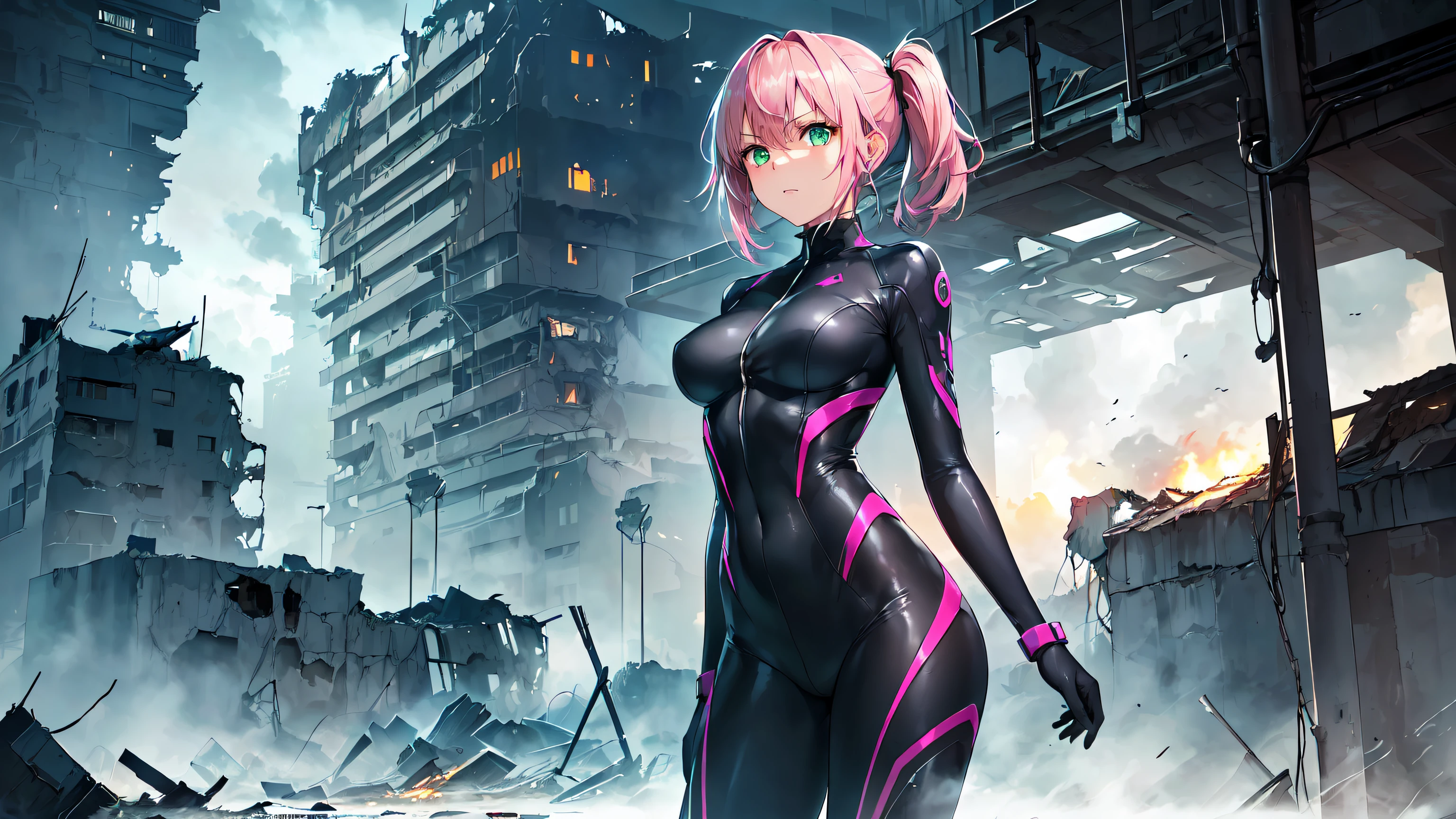 masterpiece, 1girl ((20year old, dressed in a futuristic tight bodysuit, boots, medium breasts:1.1, multicolor pink hair, twin ponytails, perfect model body:1.3, detailed green eyes:1.5, looking toward viewer, standing surrounded by destroyed sci-fi buildings and spaceships in the background:1.2, cowboy shot:1.4, ominous and dangerous atmosphere:1.2)) ((solo:1.7)) ((evening time)) ((close up))
