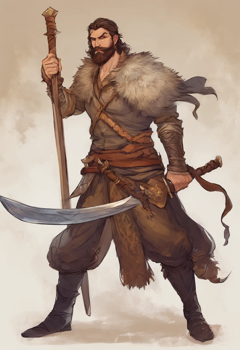Personagem de desenho, homem jovem, cabelos pretos, barba mal feita, guerreiro com espada e escudo, era medieval fantasia