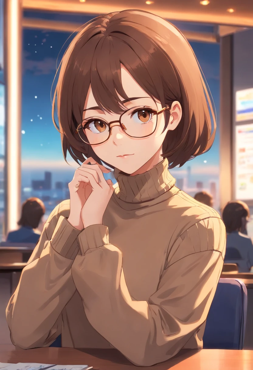 A woman with white skin color and brown hair, long brown eyes and glasses in a turtleneck blouse with pants