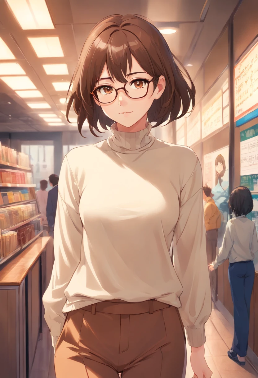A woman with white skin color and brown hair, long brown eyes and glasses in a turtleneck blouse with pants