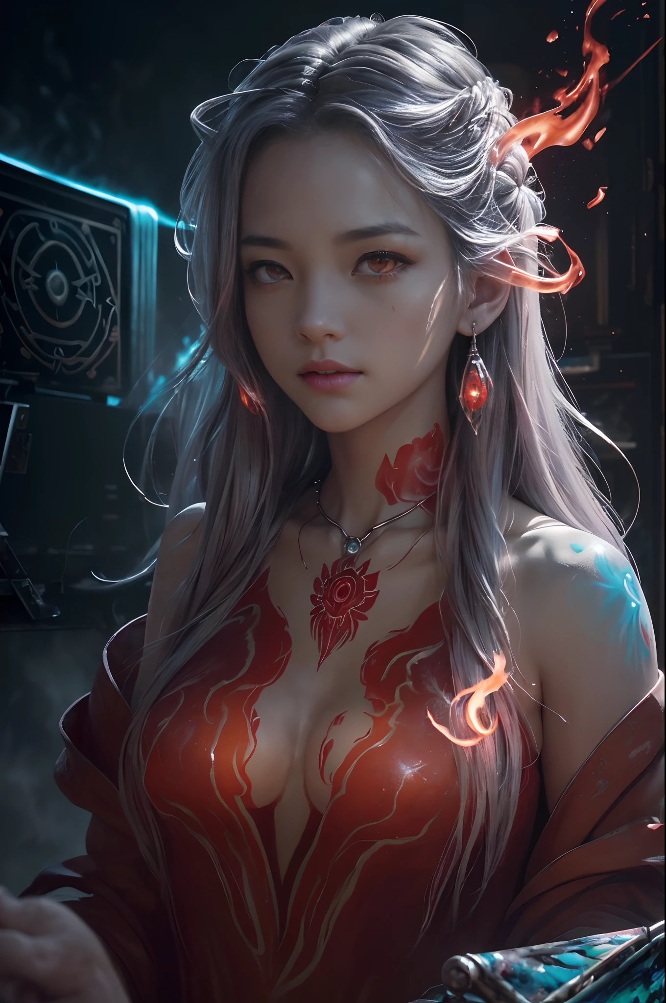 8K、(number々Award-winning masterpieces of、incredible detailing、textured、Maximum detail)、(hyper realisitic:1.4)、(reallistic:1.3)、(full body portrait painting:1.8)、(Upper Body Up:0.4)、(Top quality realistic textured skin)、(Elaborate perfectly symmetrical eyes)、Elaborate face、((medieval world))、((The Flame Devil of the Lord))、((The Fire Devil of the Lord's Hell))、(burning brightly、 Icy gaze)、(Full body like:1.6)、 (smiling mischievously)、(Eyes that glow red in the dark:1.5)、(A pair of red eyes emitting a strong red light from the inside:1.5)、(Swirling flames and flames in the background)、(dramatic light)、(A majestic sight)、(The expression is gentle and beautiful、Somewhere horrible)、Glass earrings in the ears、 (dramatic photography:1.4)、(dramatic pose)、(Golden hair)、(Silver)hair)、(maroon hair)、(Upturned hair)、((Downward-pointing hair)、(A simple necklace with exquisite workmanship around the neck)、(Bioluminescence with a brilliant glow:1.3)、(Fancy Flame Magic:1.2)、(Swirling flames)、 The Great Temple of the Devil、 Great Temple、 Great Temple、great cathedral、Temple ruins、Detached temple、(Luminous Magic Circle)、Ruins of the old castle、Shining majestic cloud masses and sky、lightning、Epic graphics、Faded、art by、(by Greg Rutkowski:0.8)、(teal and orange:0.4)、(art stations:1.5)、cinematic、((Neutral Color))、(HDR:1.5)、(Muted colors:1.2)、The ultra-detailliert、dramatic light、(intricate detailes:1.1)、the complex background、