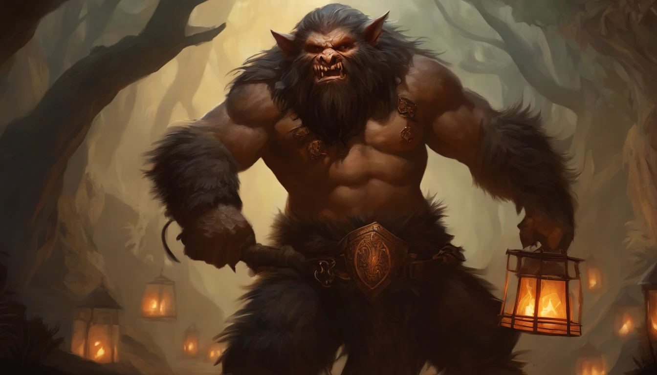 Bugbear,Flesh and blood are hideous, massive body is accompanied by human arms, paper lanterns, dentes afiados e garras, chicote longo, dungeons and dragons art, epic fantasy art, epic fantasy game art, d & D Arte Digital Fantasia, Epic Fantasy Digital Art Style, Dungeons and Dragons Arte de fantasia, d & d fantasy art, epic fantasy painting, d & d fantasia pintura digital
