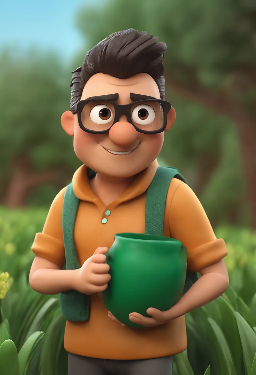 Cartoon character of a man with black glasses and a dark green shirt in the field agriculture and with soil in hands, animation character, Caractere estilizado, animation style rendering, 3D estilizado, Arnold Maya render, 3 d render stylized, toon render keyshot, Personagem 3D, Personagem 3D, 3d rendering stylized, 3 d character render, personagem de desenho animado, Personagem de close up, Pose de personagem, (Estilo Pixar) (master part:1.2) (Bokeh) (best quality) (pele detalhada) (textura detalhada) (8k) (argila) (Cinematic lighting) (foco nítido