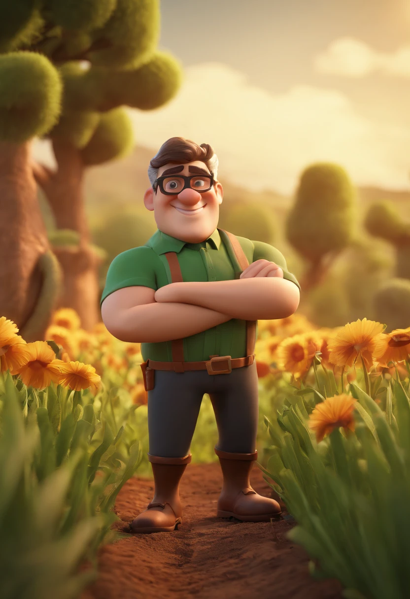 Cartoon character of a man with black glasses and a dark green shirt in the field agriculture and with soil in hands, animation character, Caractere estilizado, animation style rendering, 3D estilizado, Arnold Maya render, 3 d render stylized, toon render keyshot, Personagem 3D, Personagem 3D, 3d rendering stylized, 3 d character render, personagem de desenho animado, Personagem de close up, Pose de personagem,  (Estilo Pixar) (master part:1.2) (Bokeh) (best quality) (pele detalhada) (textura detalhada) (8k) (argila) (Cinematic lighting) (foco nítido