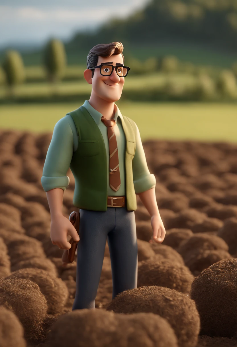 Cartoon character of a man with black glasses and a dark green shirt in the field agriculture and with soil in hands, animation character, Caractere estilizado, animation style rendering, 3D estilizado, Arnold Maya render, 3 d render stylized, toon render keyshot, Personagem 3D, Personagem 3D, 3d rendering stylized, 3 d character render, personagem de desenho animado, Personagem de close up, Pose de personagem,  (Estilo Pixar) (master part:1.2) (Bokeh) (best quality) (pele detalhada) (textura detalhada) (8k) (argila) (Cinematic lighting) (foco nítido