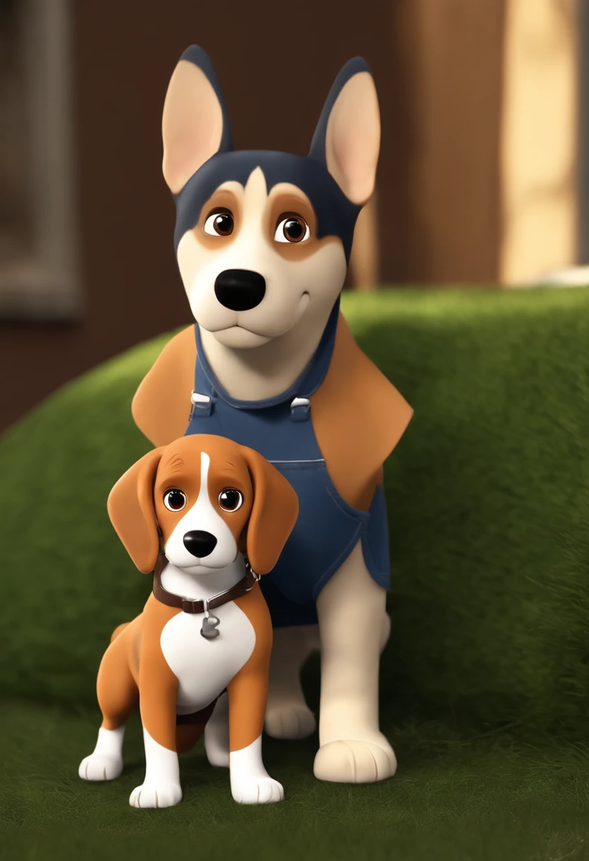 Pixar. Casal com um filhote de cachorro beagle marrom. A tem os cabelos pretos cacheados, Camiseta cinza e jeans claro, O meninobelos castanho escuro cacheado , Dark blue jeans and gray t-shirt. They are both smiling and are in their 20s