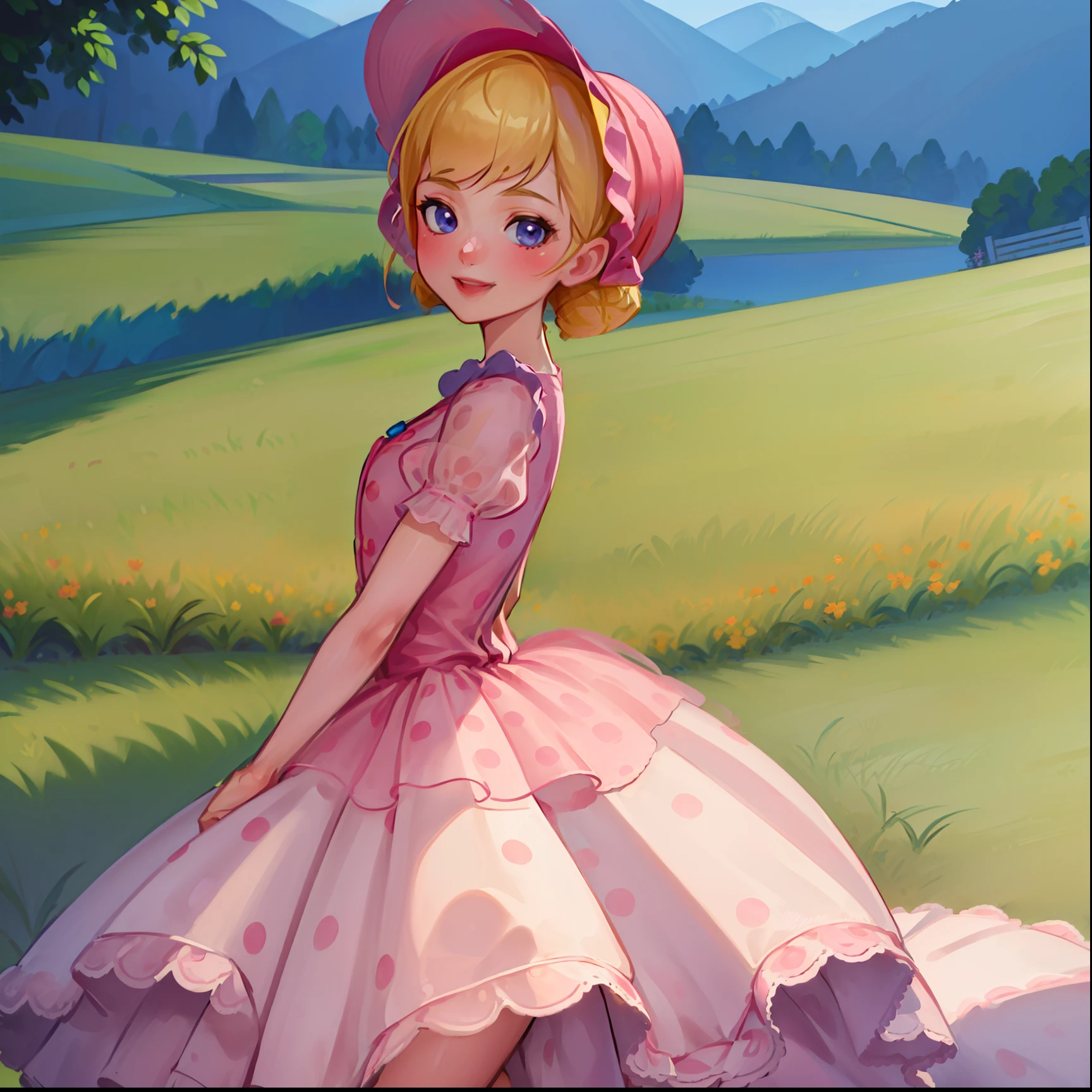 (BoPeepWaifu:1), smile, cute, cute pose, looking at viewer, thick thighs, :D, (pink dress, long skirt, polka dot, puffy short sleeves, pink headwear:1.2), 
(realistic:1.2), (realism), (masterpiece:1.2), (best quality), (ultra detailed), (8k, 4k, intricate),(full-body-shot:1),(Cowboy-shot:1.2), (85mm),light particles, lighting, (highly detailed:1.2),(detailed face:1.2), (gradients), sfw, colorful,(detailed eyes:1.2),
(detailed ladscape, farm, fence, plants, flowers:1.2),(detailed background),detailed landscape, (dynamic angle:1.2), (dynamic pose:1.2), (rule of third_composition:1.3), (Line of action:1.2), wide shot, daylight, solo,