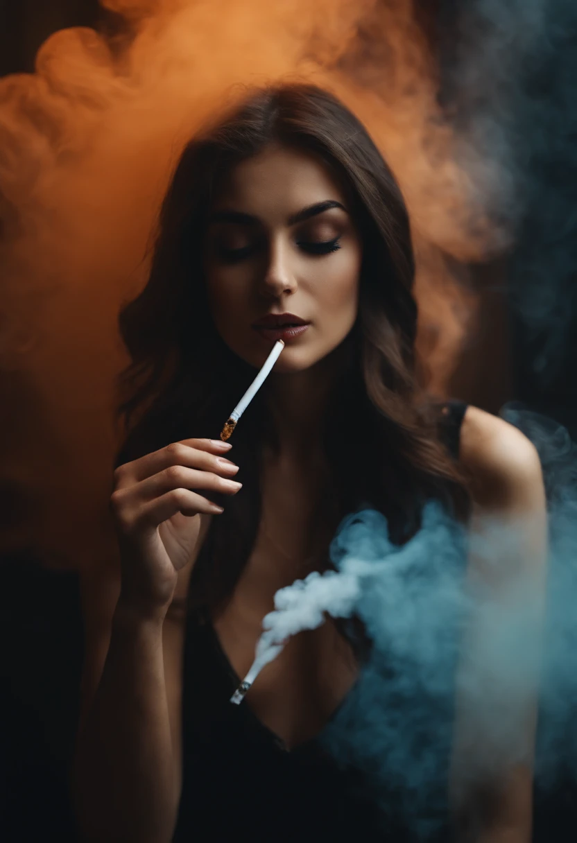 Young woman in black Versace dress shirt smoking a cigarette, close up, black hair, caucasian, low angle photo shot from below of her, dim lighting, dark backround, cinematic, realistic photo
