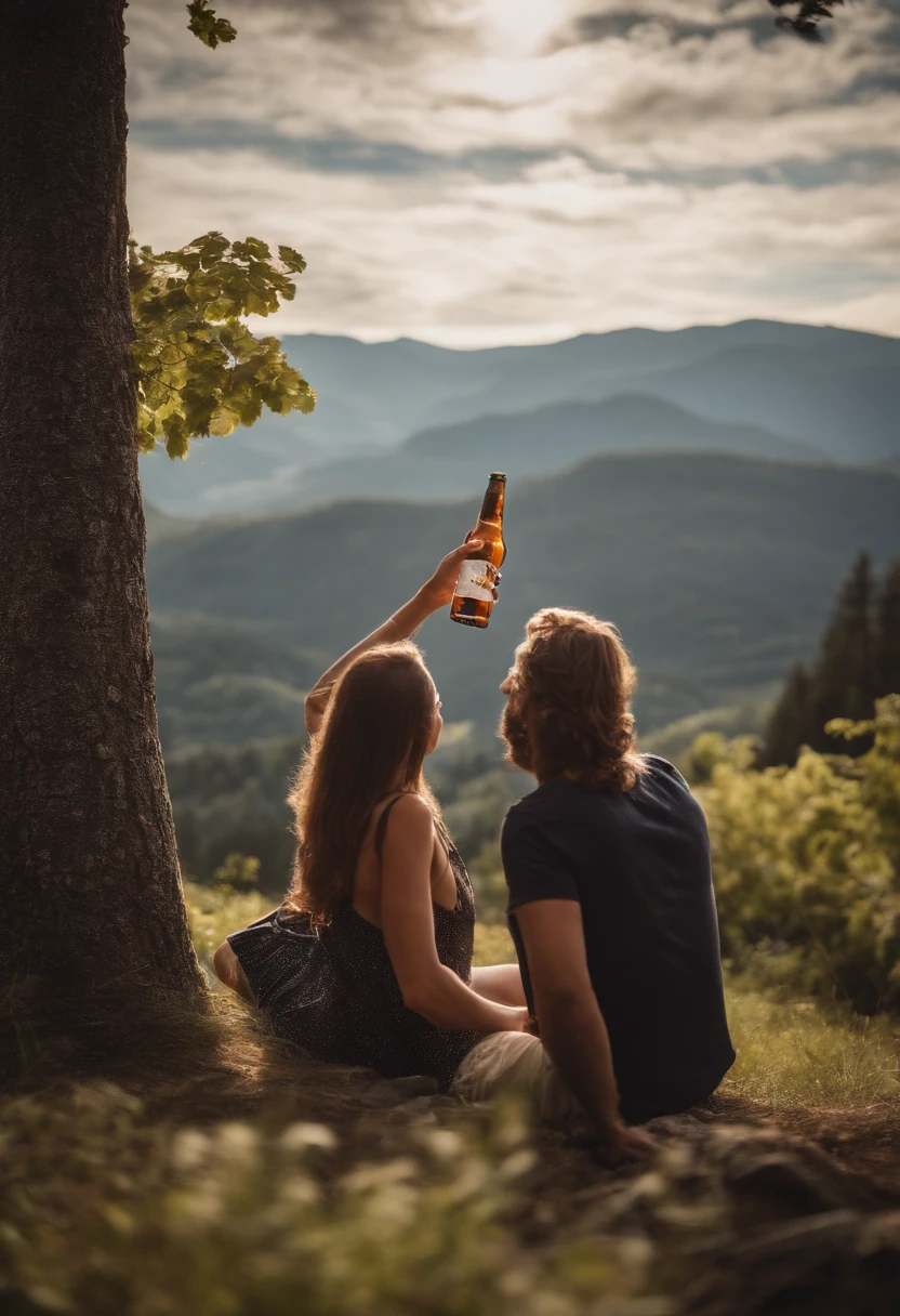 friends celebrating amid nature holding bottle of craft beer mome happy moment light environment and trees and mountain