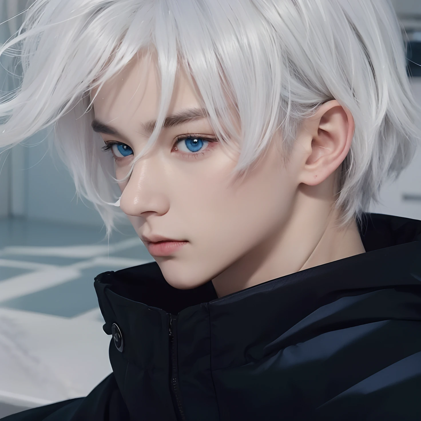 A teenage boy with realistic white hair, realistic bright blue eyes, realistic Korean handsome face, realistic cool expression, adapts exactly the same clothes, realistic light, realistic shadows, realistic backgrounds