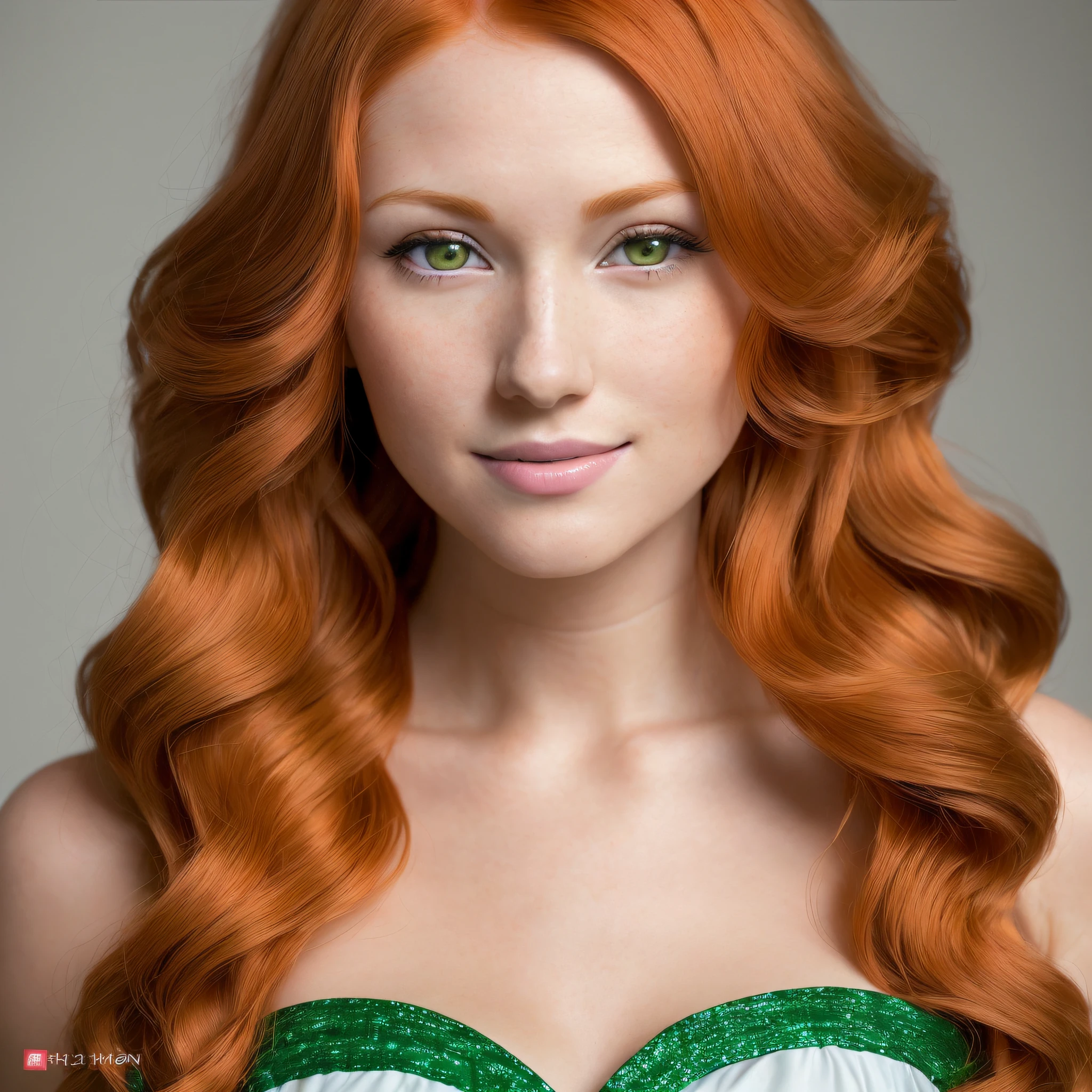 there is a woman with red hair and green eyes posing for a picture, ginger wavy hair, beautiful redhead woman, flowing ginger hair, redhead woman, red hair and attractive features, with red hair and green eyes, red curled hair, long curl red hair, wavy big red hair, beauty retouch, redhead girl, woman with red hair, curly red hair