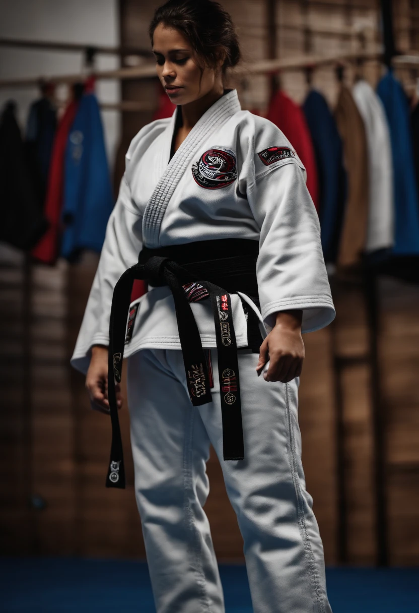 Menina lutador de jiu jitsu com kimono preto, dentro de um tatame escrito ZR team