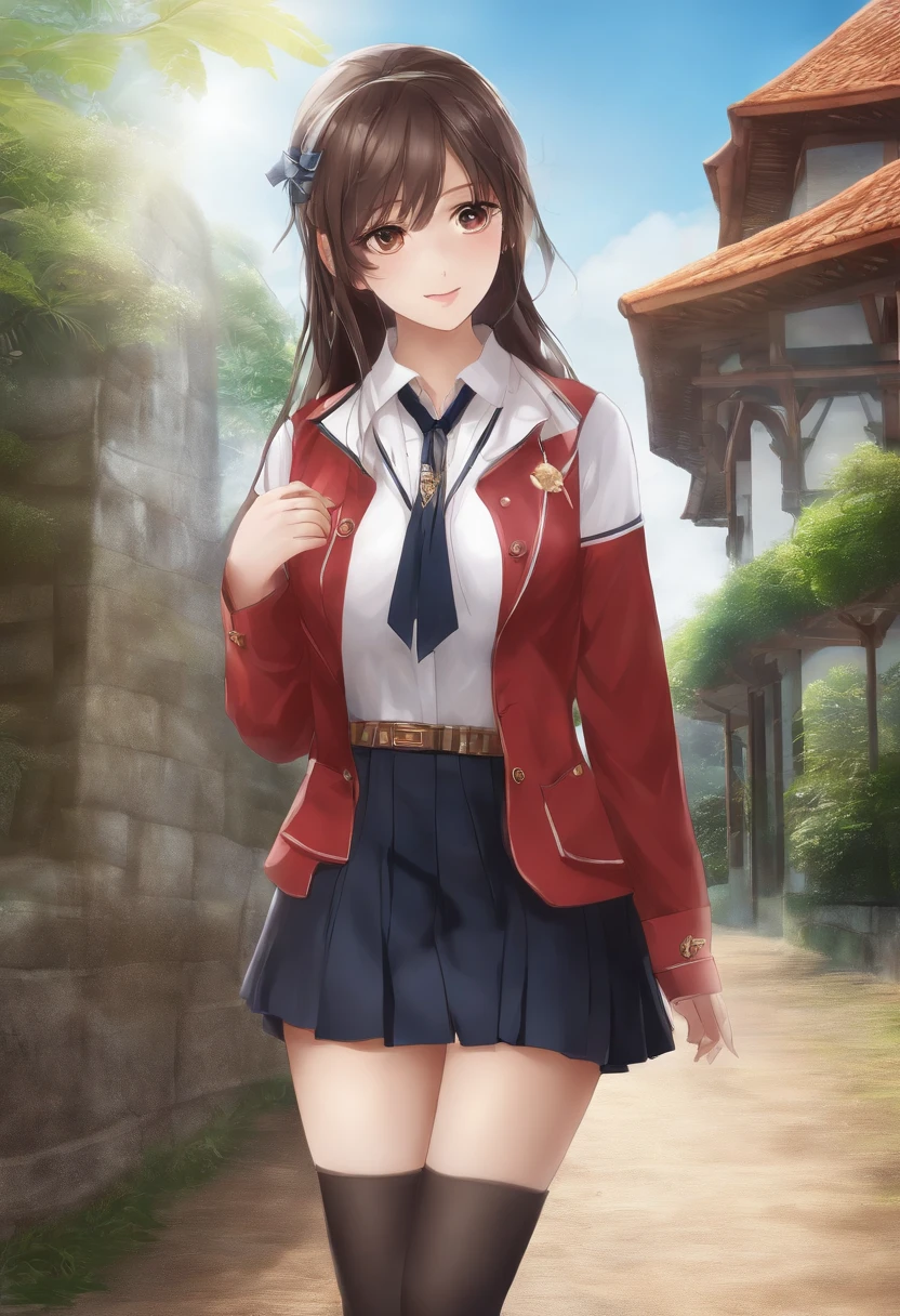 Akizuki airi. Oni Chichi, master part, melhor qualidade, super detalhado, illustration, cor plana, profundidade de campo, , , 1 girl, jovem, anime, Indo para casa, Comprimento total, louro, Caudas duplas, Looking at the Viewer, minissaia plissada vermelha, White wet button-down shirt, Uniforme escolar, Serafuku, Gravata Azul, no-bra, black tights, Mochila pequena, Textura de couro detalhada, textura detalhada do tecido, Rosto bonito e detalhado, seios grandes, olhos azuis, pregnant, Cansado, Sorriso leve, calcinha rosa