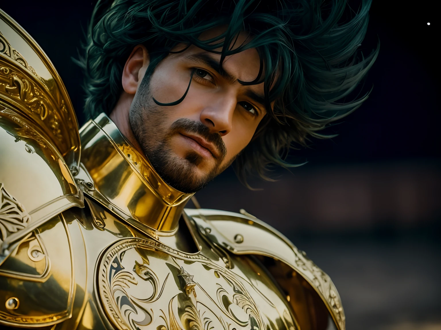 (masterpiece), (realistic) low angle, close up portrait of an man, (male), 30 years old, spanish, (1boy), solo, serious, looking at viewer, wearing an medieval armor, (full body armor), (golden armor), chrome gold, (detailed armor), (ornate armor), dark green hair, (hair blowing in wind), (hair chops), upper body, night and stars background, sharp focus, cinematic lighting,
