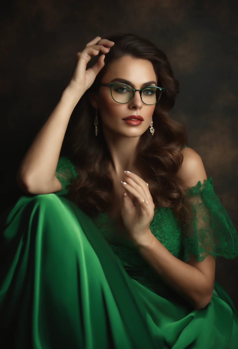 Woman with raised hand, in glasses and a green dress