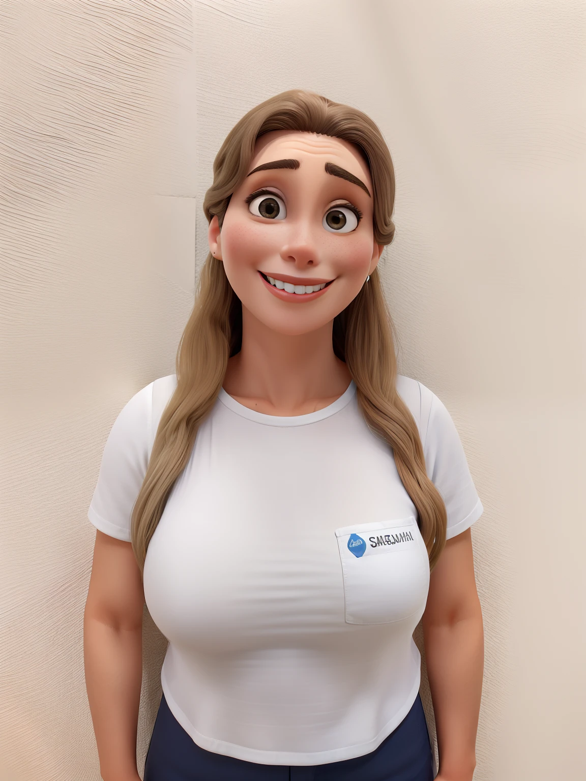 Obra-prima, de melhor qualidade, A woman de cabelos loiros, olhos pretos e um sorriso encantador vestindo uma camiseta branca